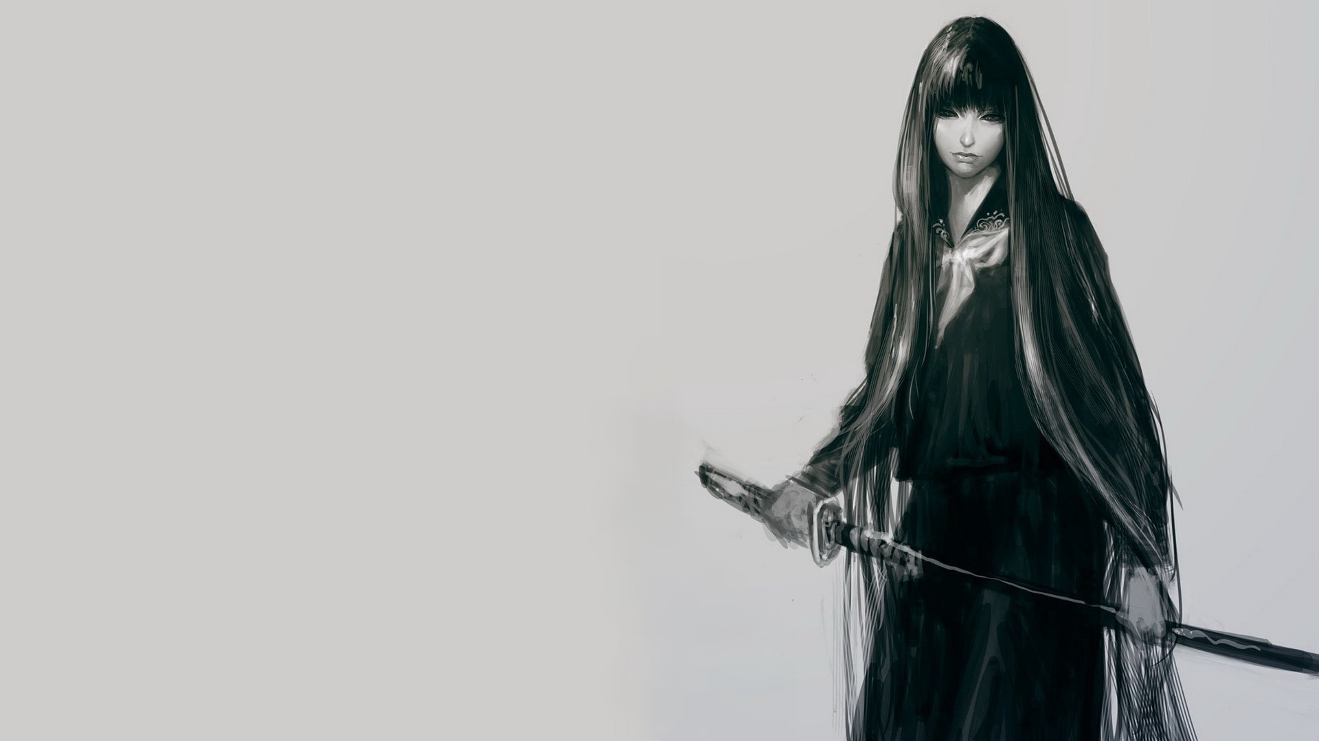 Artwork of a woman with long hair holding a katana HD Wallpaper