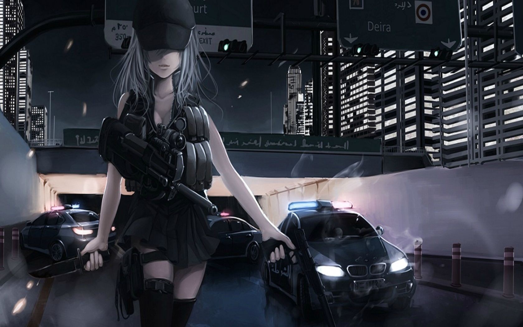 Anime girl with FN P90 on a highway at night HD Wallpaper