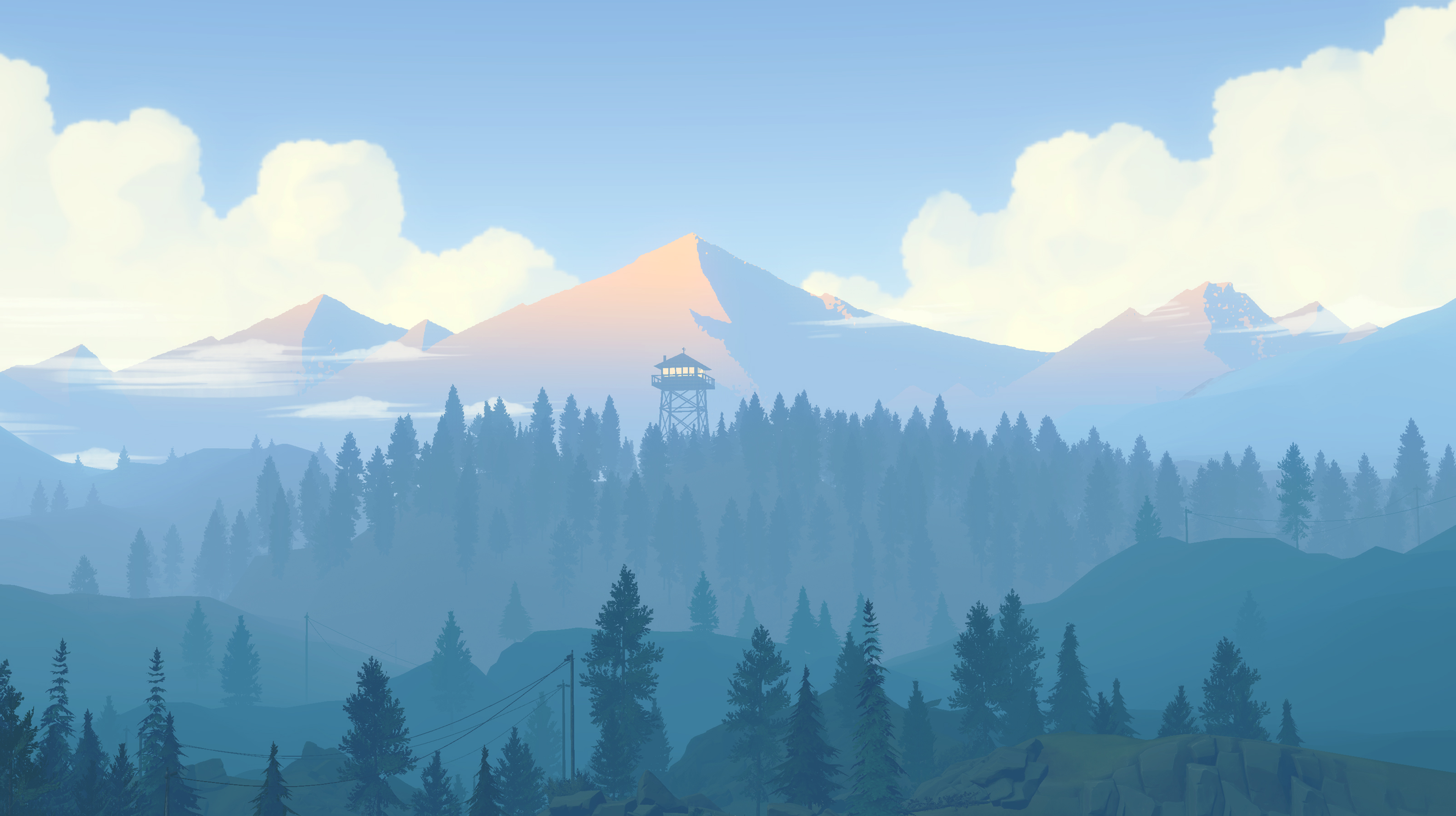 Firewatch artwork of mountains and forest with a tower HD Wallpaper
