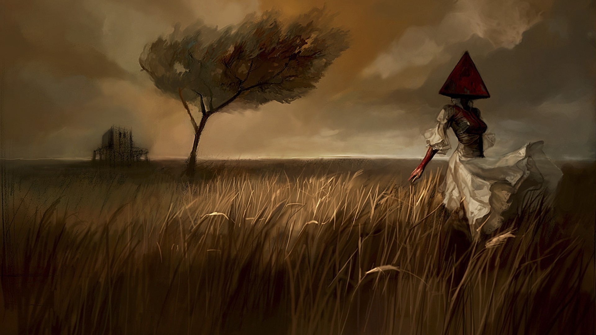 Pyramid Head woman in a white dress in a field HD Wallpaper