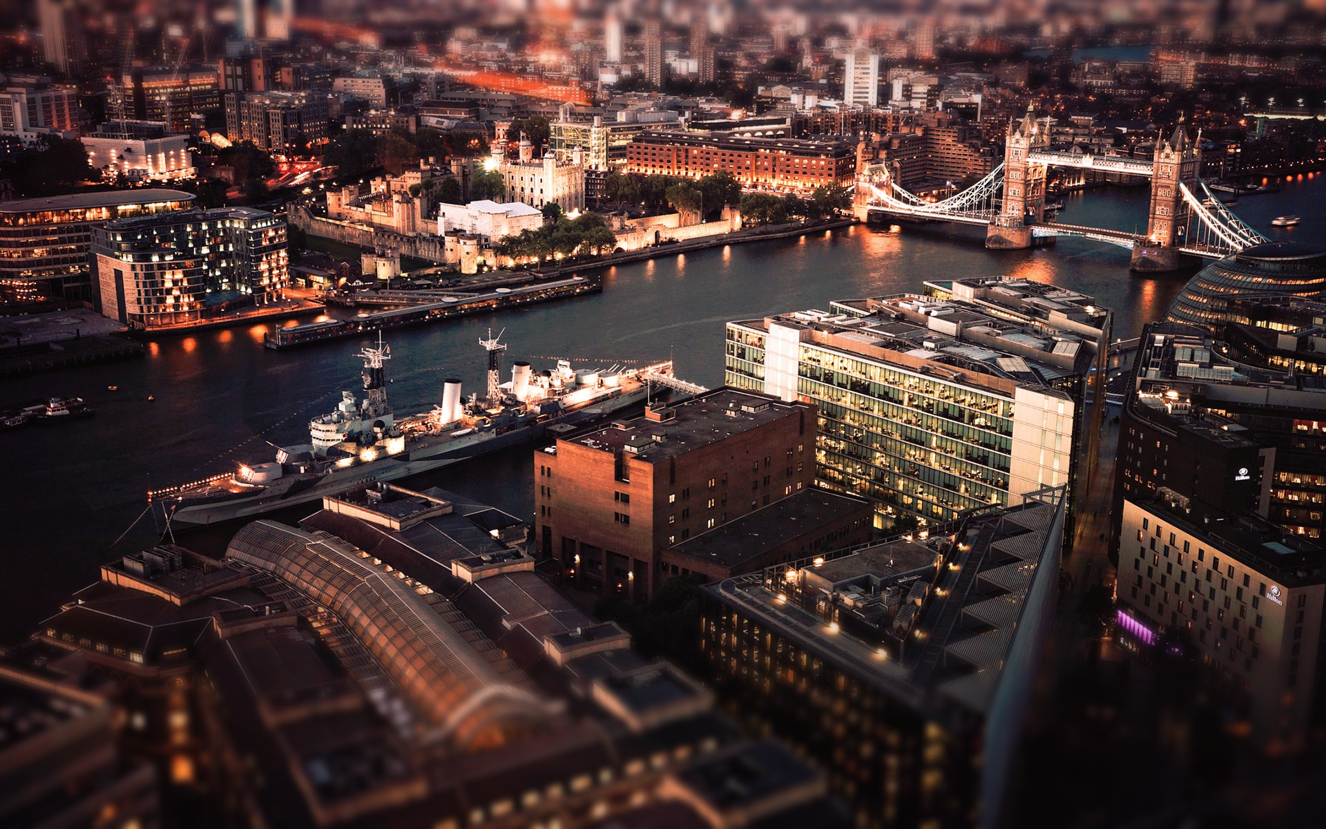 Tower Bridge and HMS Belfast at Night in London HD Wallpaper