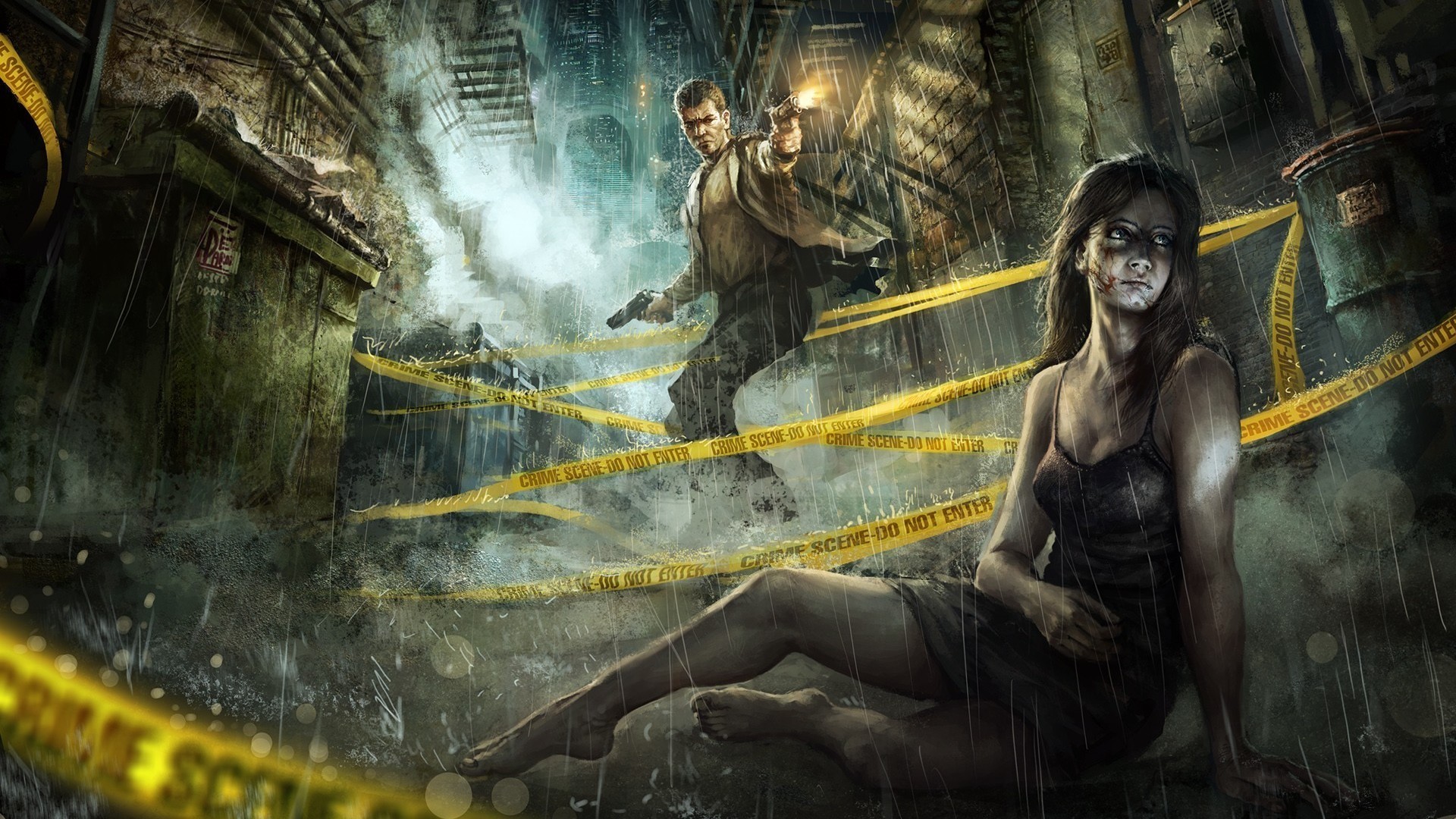 Man with gun at crime scene with woman HD Wallpaper