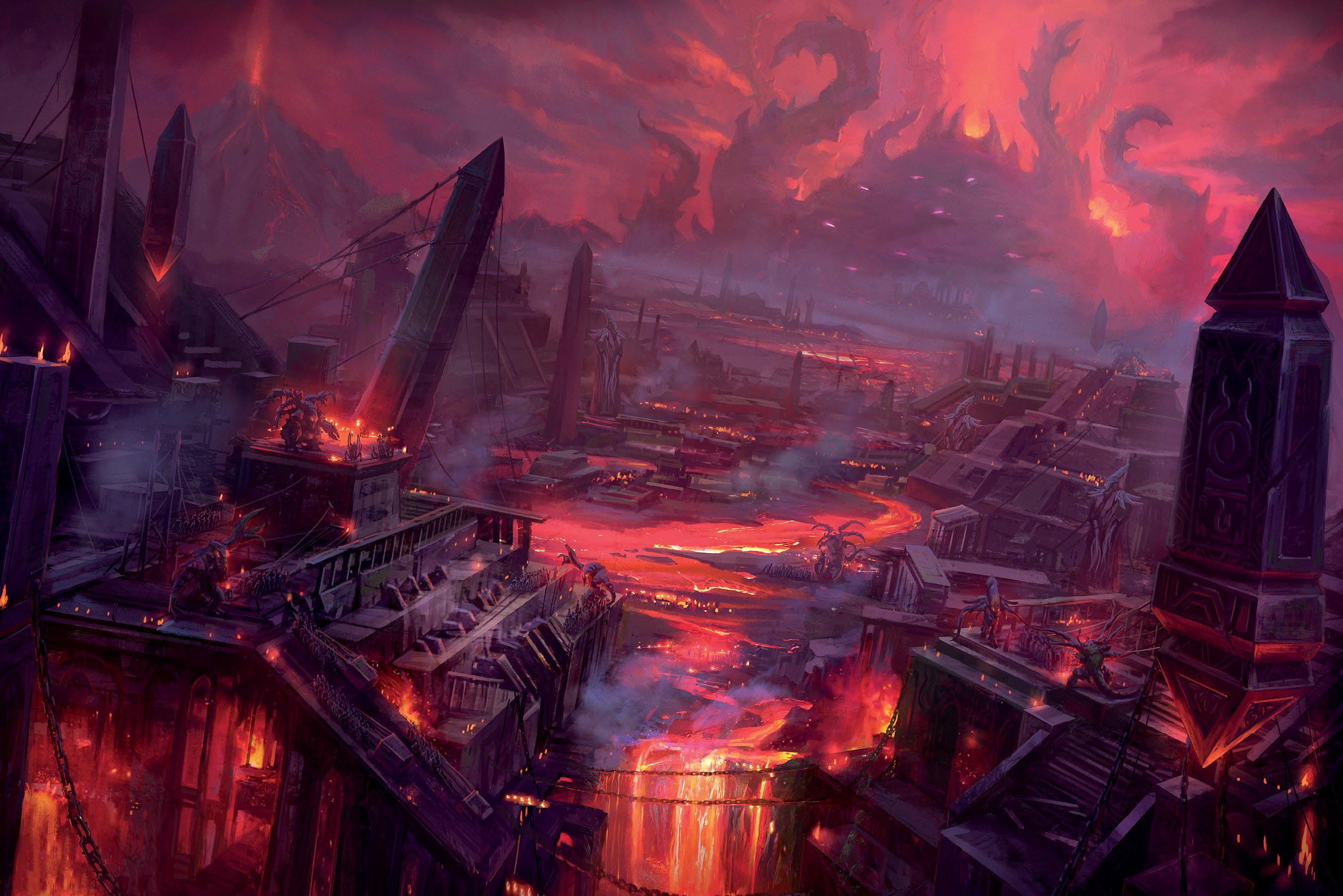 World of Warcraft volcanic city with lava rivers HD Wallpaper