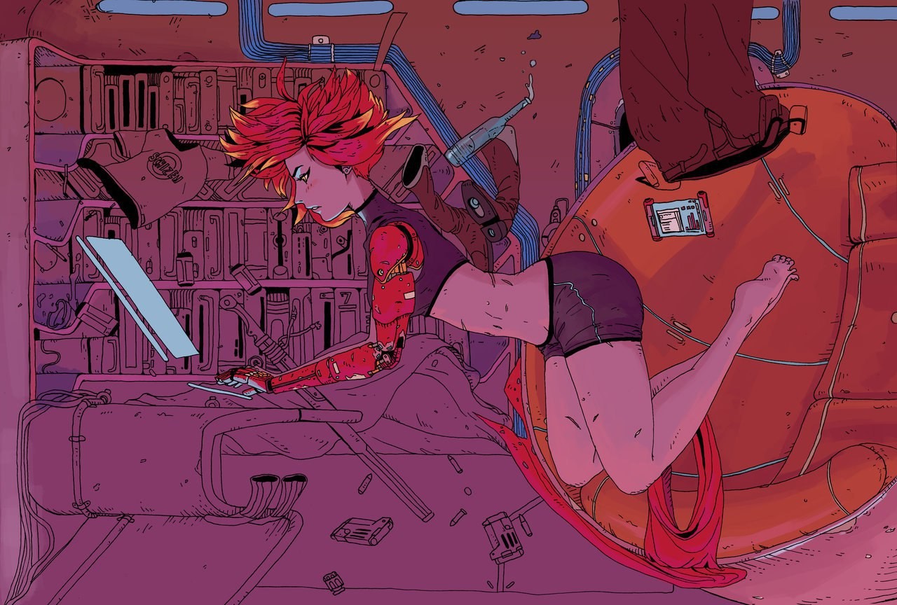 Cyberpunk woman with robotic arm in a spaceship HD Wallpaper