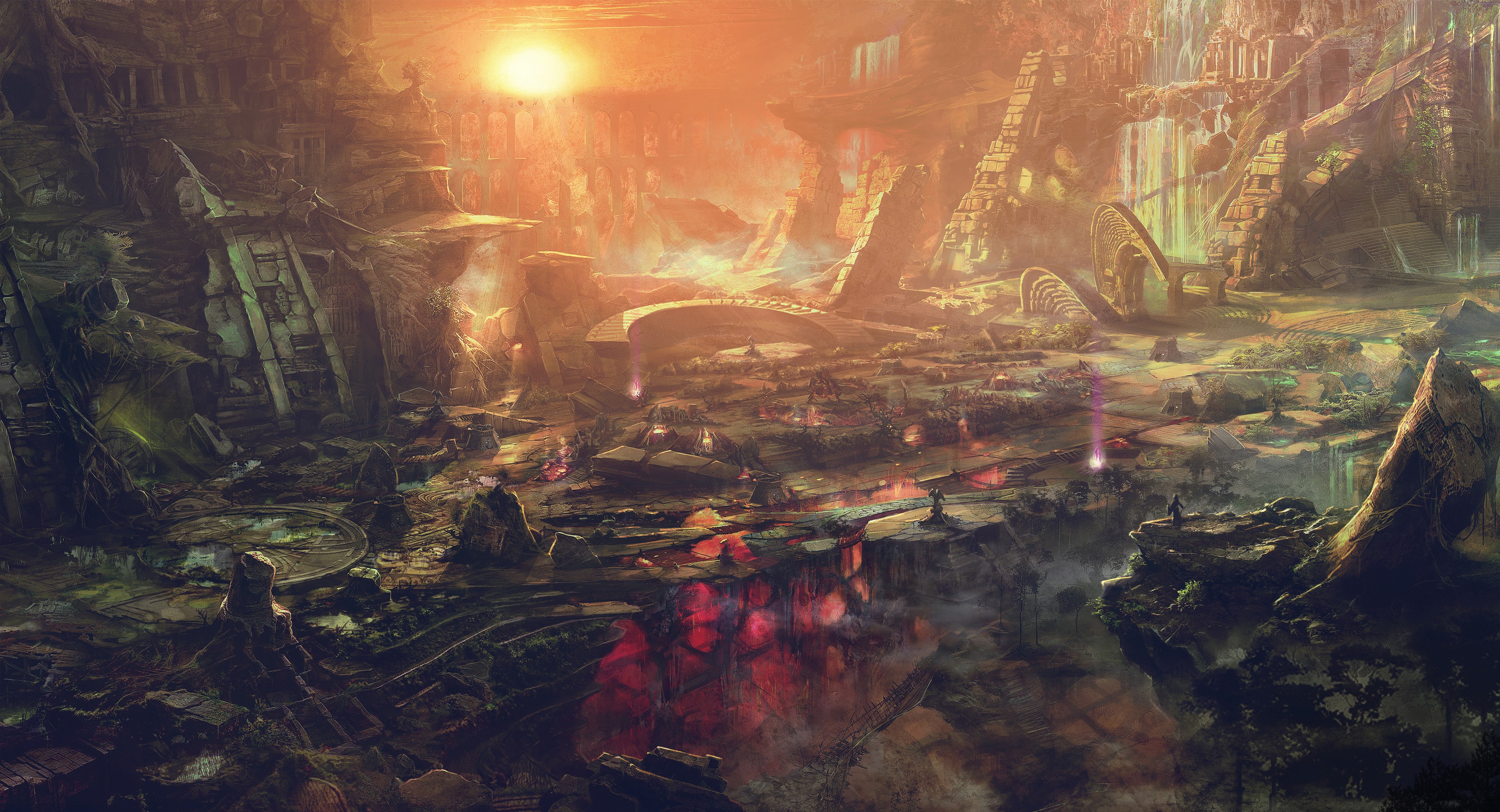 Fantasy landscape artwork with ancient ruins and waterfalls HD Wallpaper