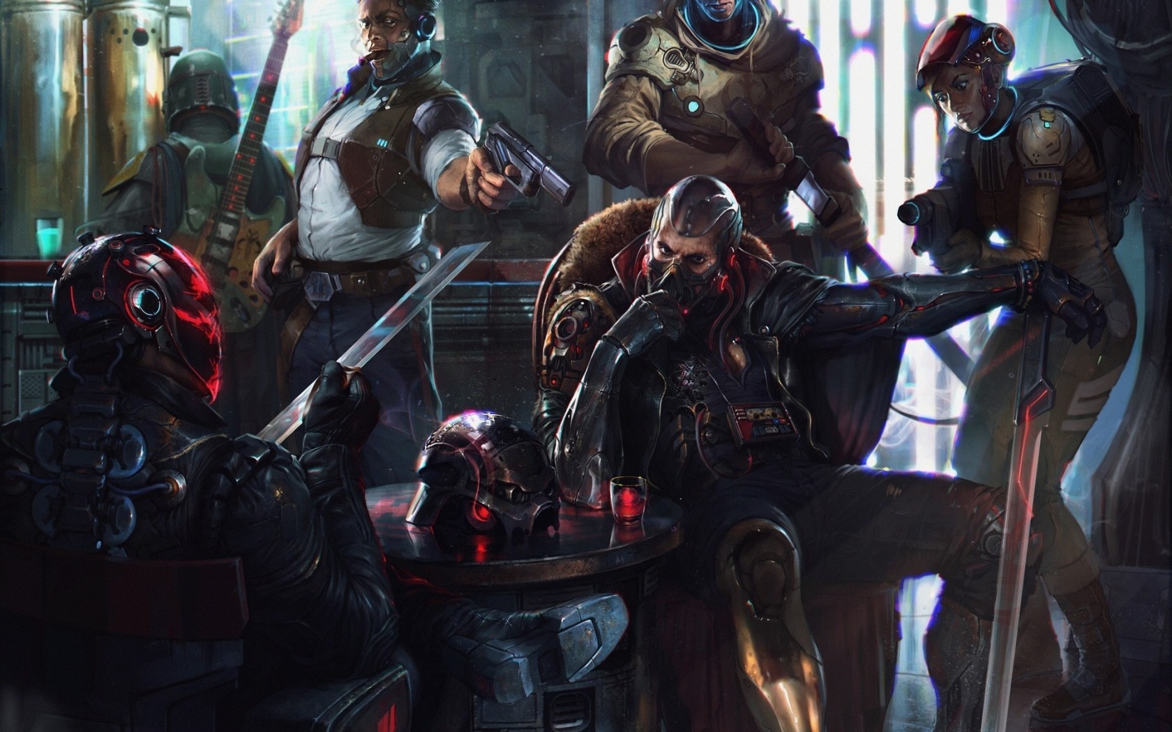 Futuristic characters gathered in a dimly lit bar HD Wallpaper