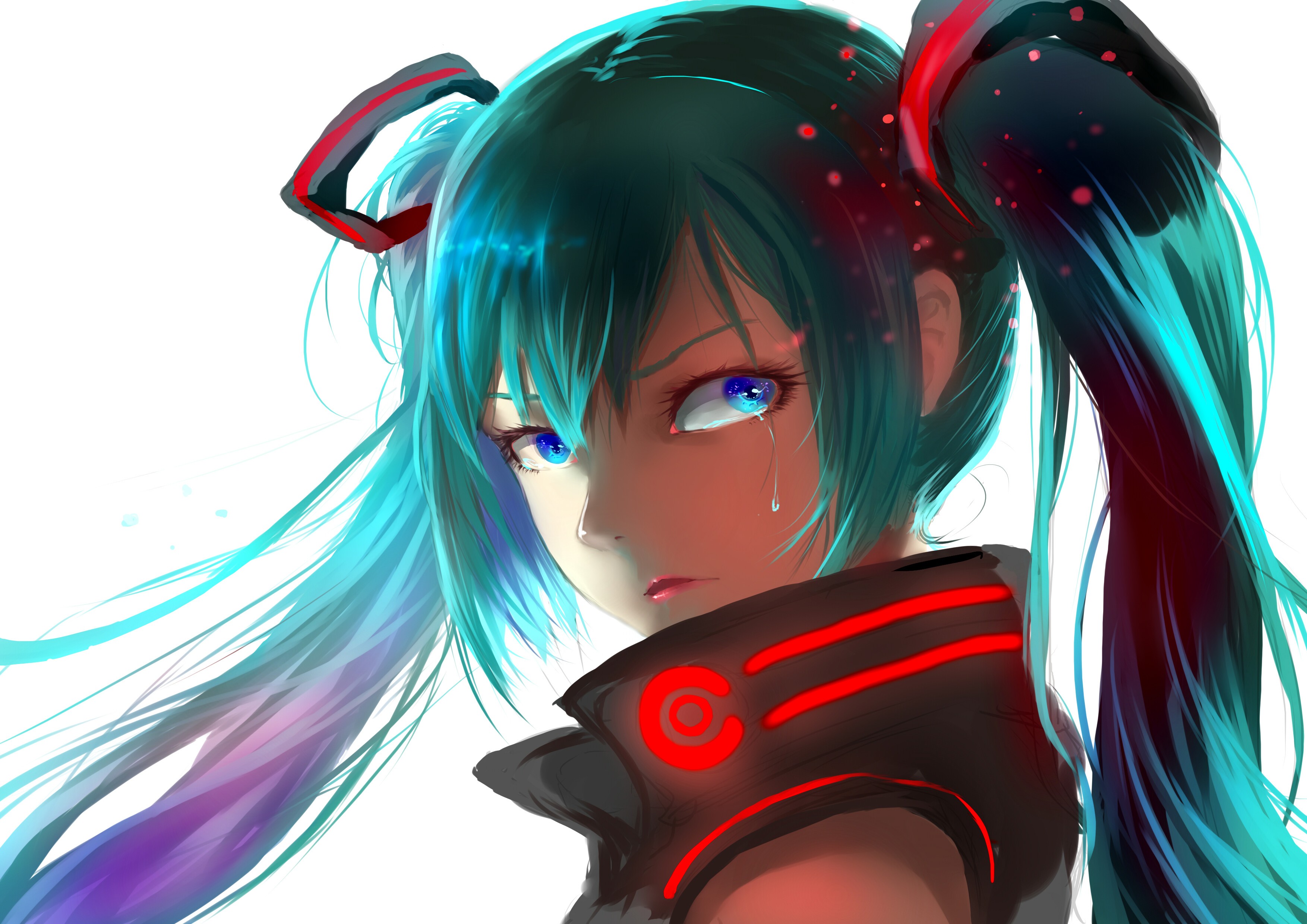Hatsune Miku crying with blue eyes and teal hair HD Wallpaper