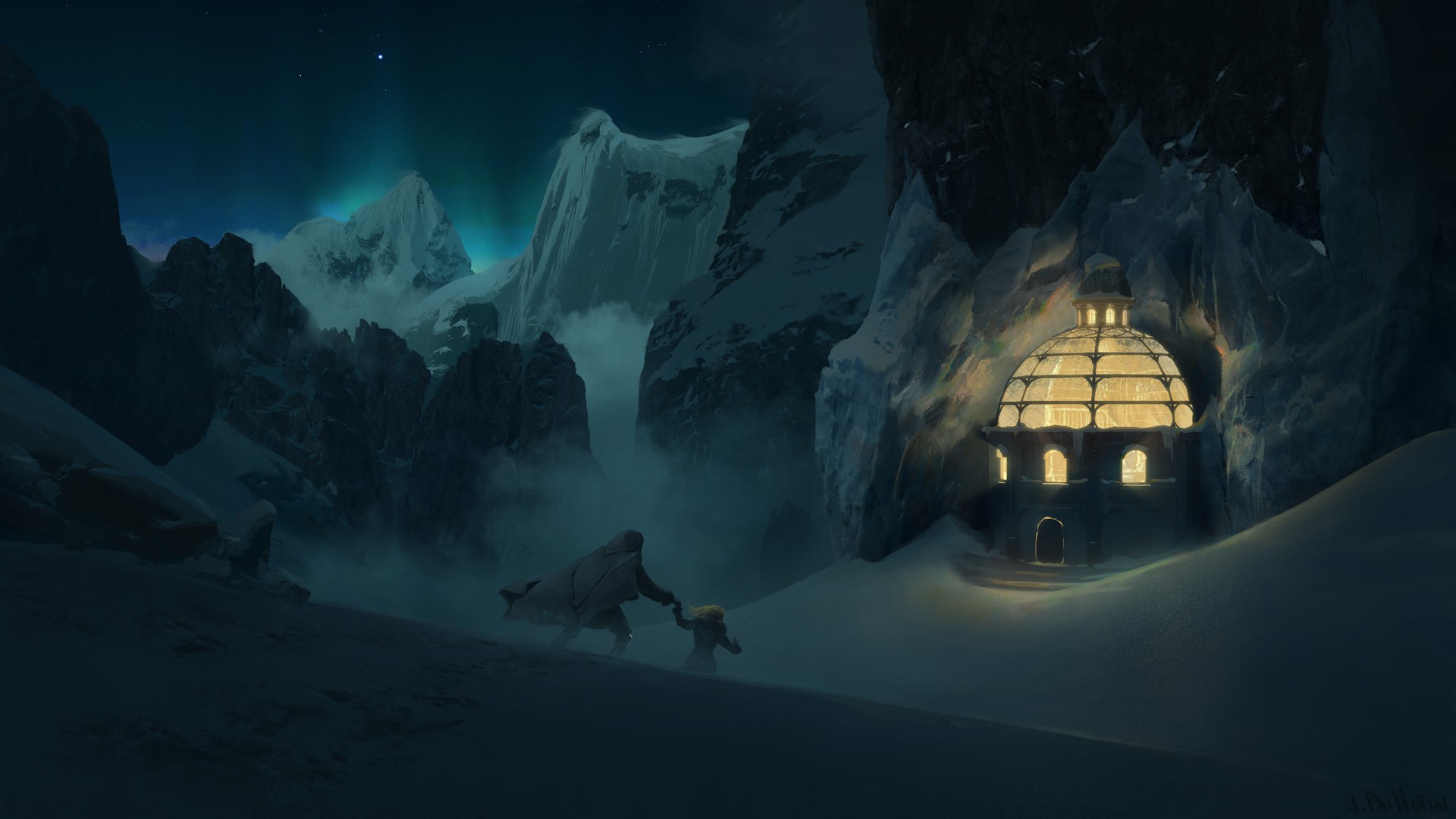 Fantasy art of a dome in a snowy mountain landscape HD Wallpaper
