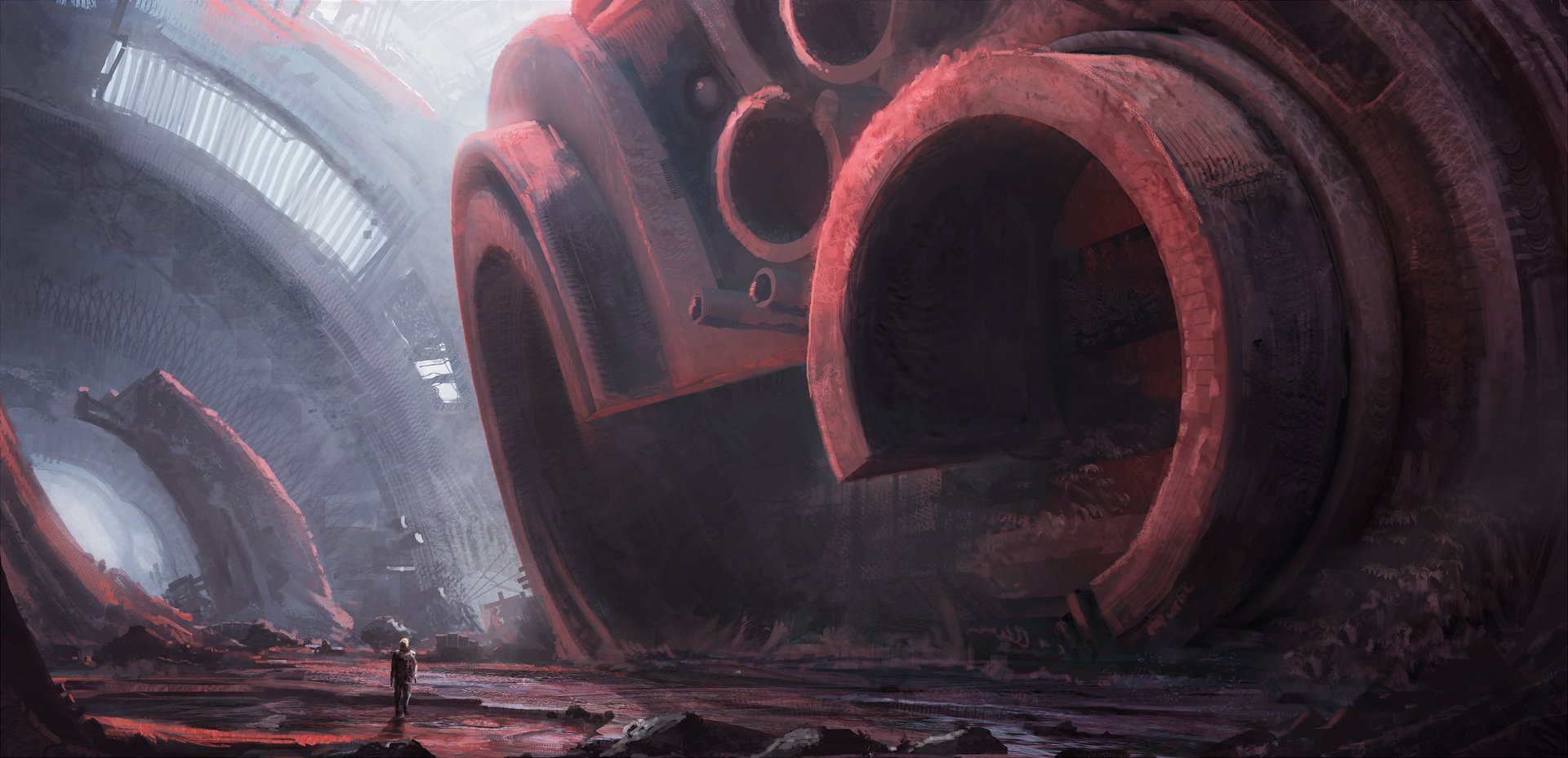 Science fiction artwork of a desolate industrial landscape HD Wallpaper