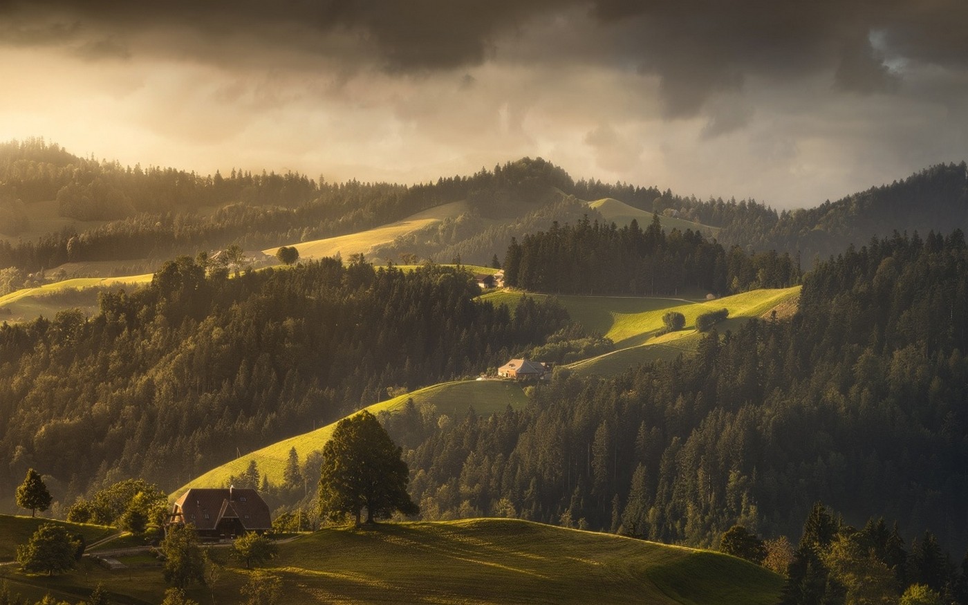Sunlight illuminates rolling hills with forests and houses HD Wallpaper