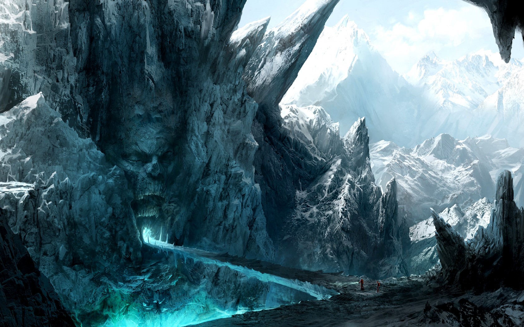 Fantasy ice cave with a giant face carved into the rock HD Wallpaper