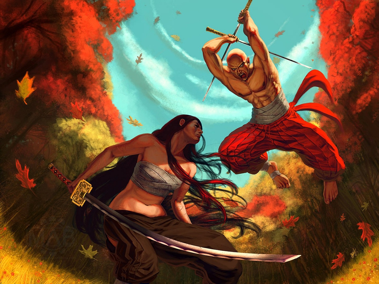 Fantasy art of warriors fighting with swords HD Wallpaper