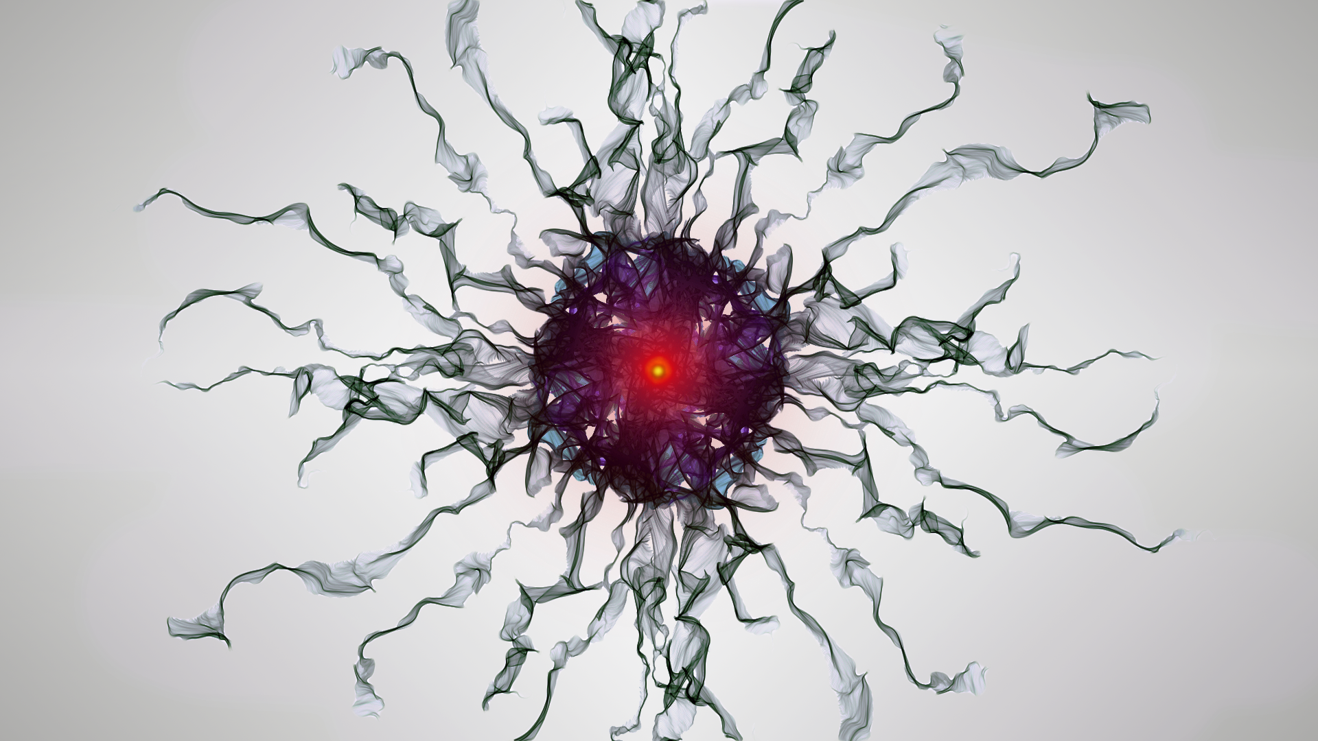 Abstract fractal with glowing red center and dark tendrils HD Wallpaper