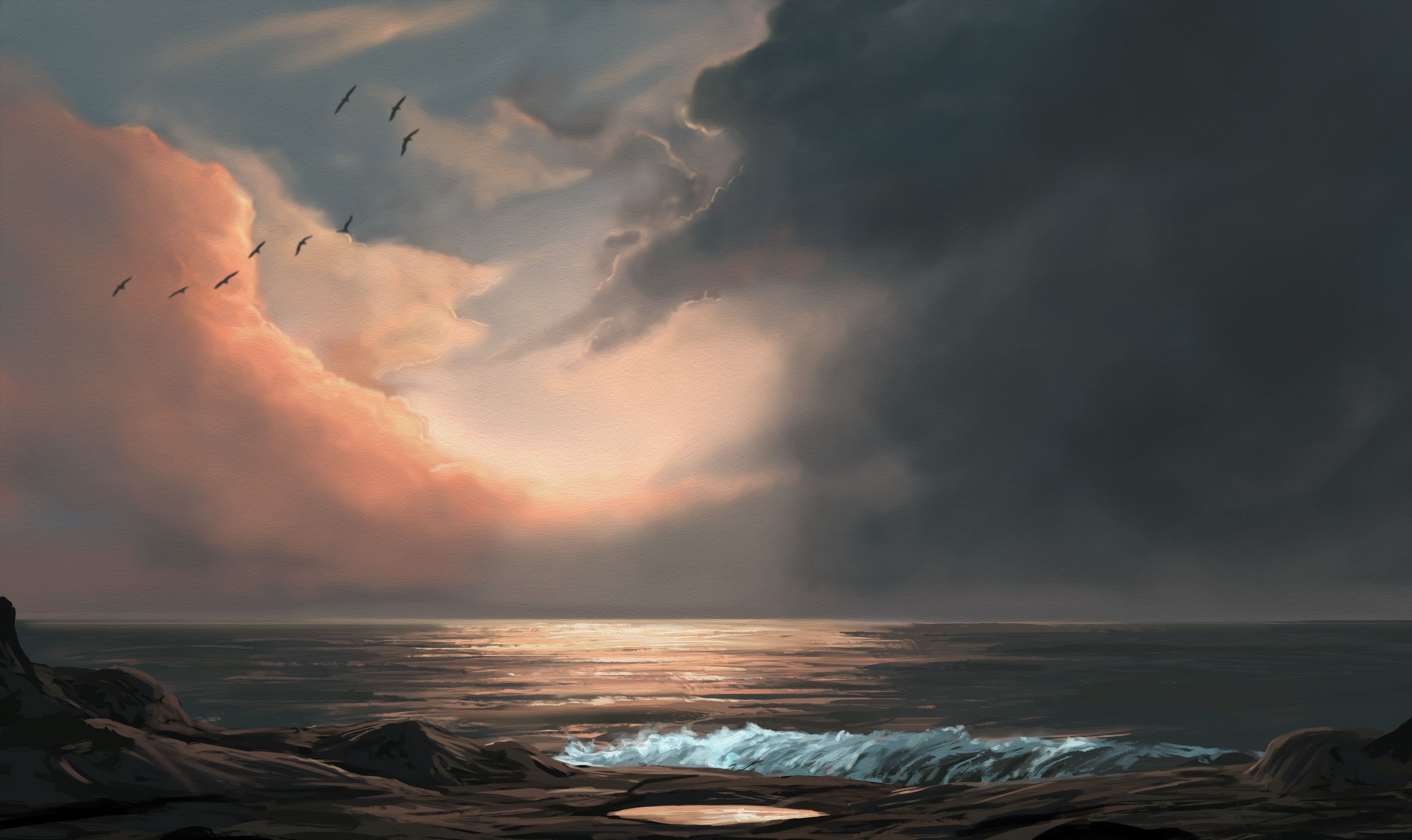 Birds flying over a stormy sea at sunset HD Wallpaper