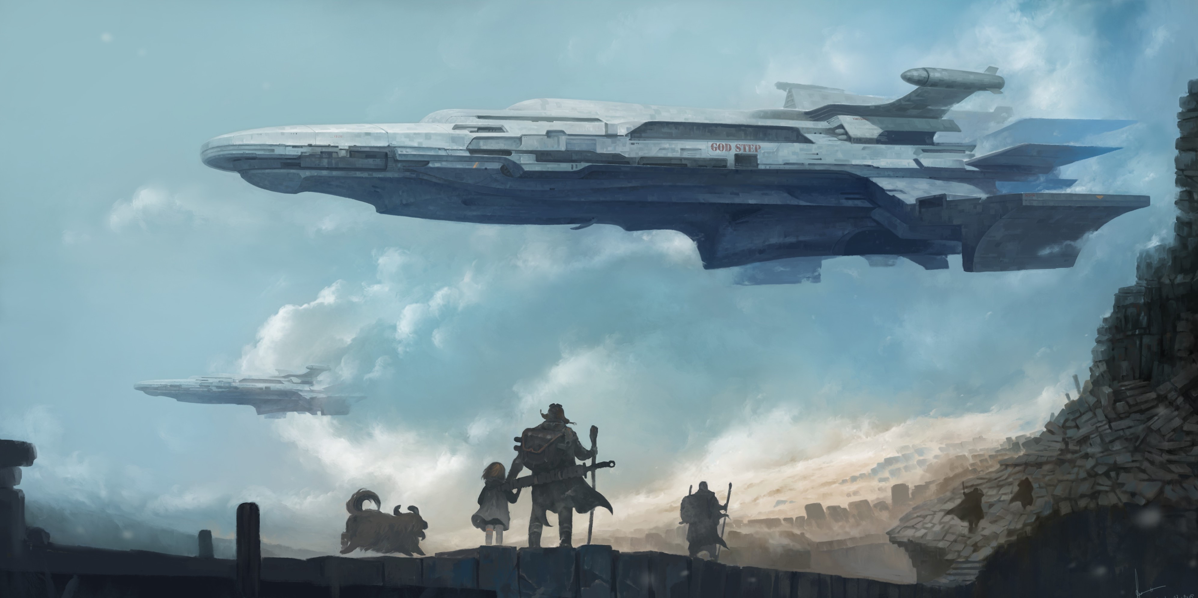 Futuristic spaceships fly over a desolate landscape with people. HD Wallpaper