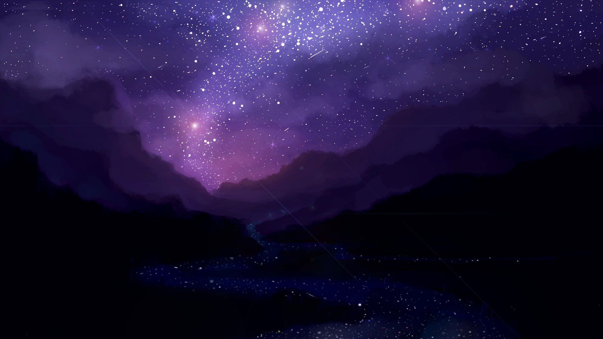 Fantasy art of a starry night sky over mountains HD Wallpaper