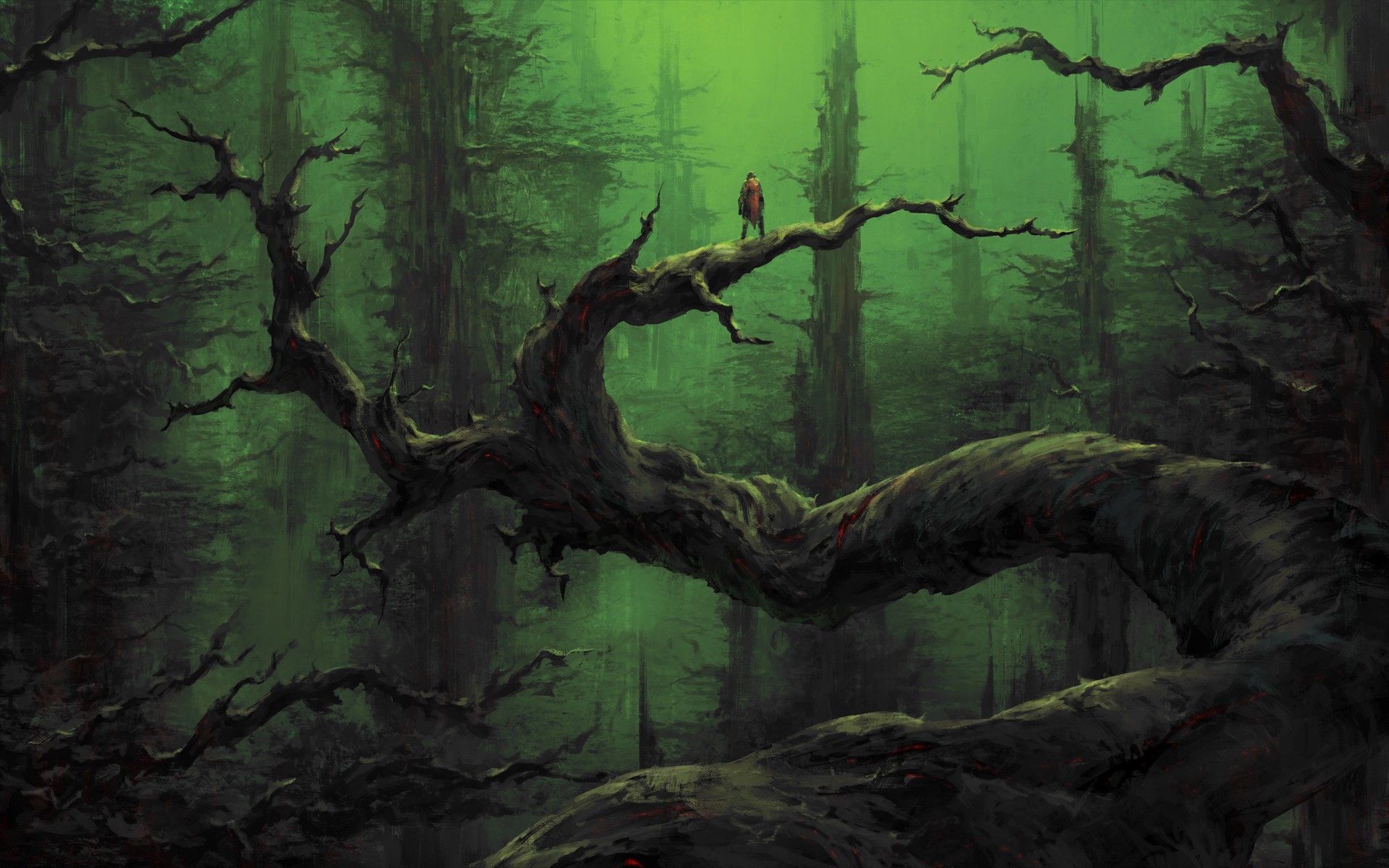 Man standing on a large tree branch in a dark forest HD Wallpaper