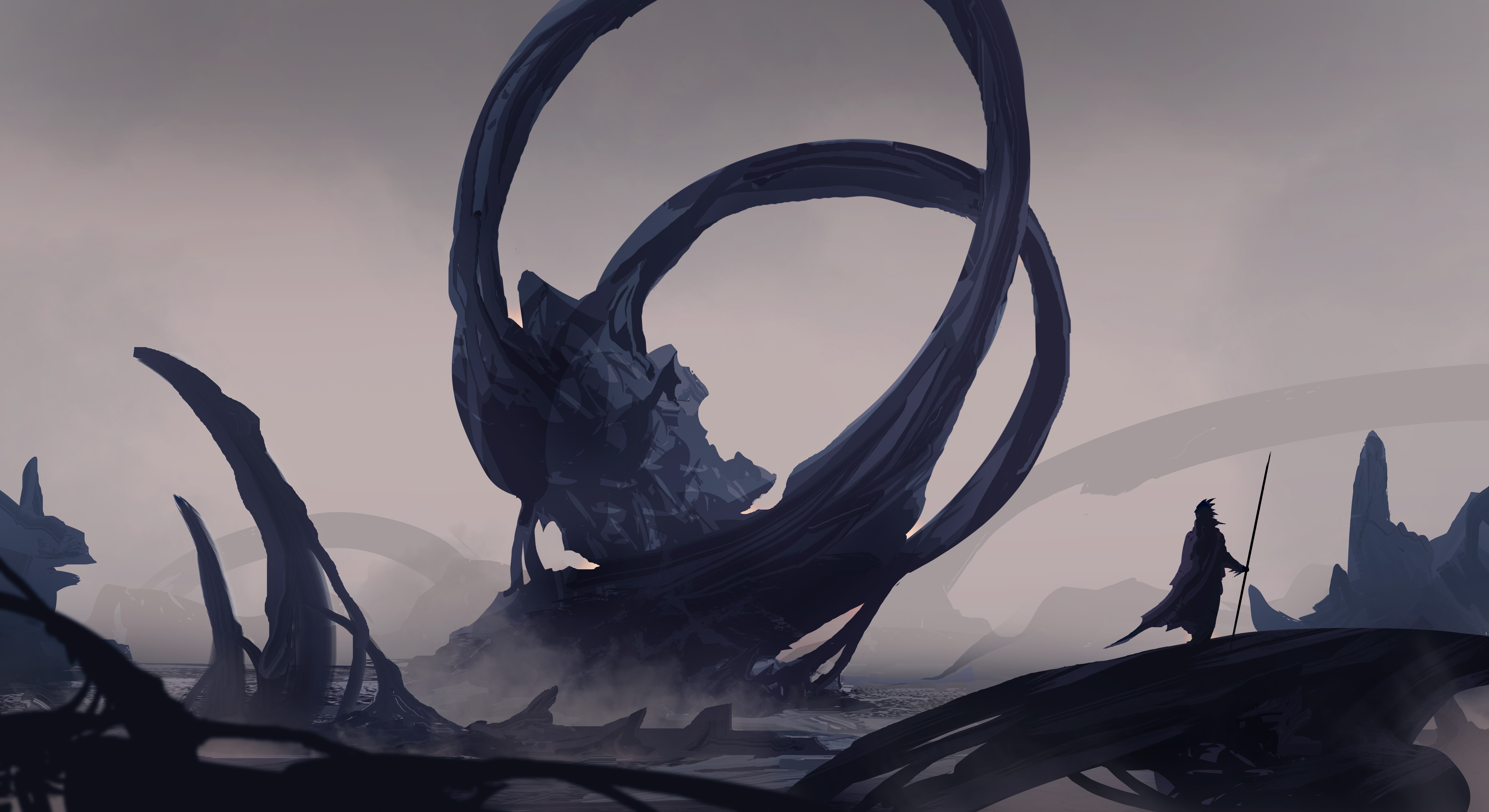 Fantasy art of ruins with a lone figure HD Wallpaper
