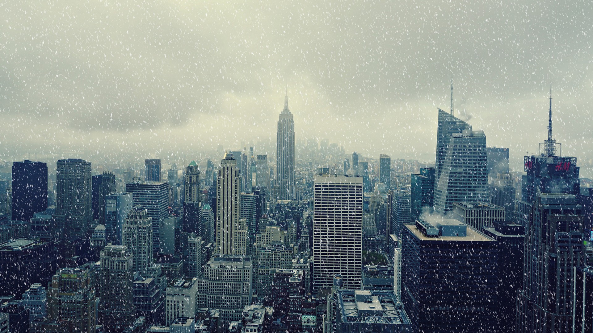 New York City skyline during a snowstorm HD Wallpaper