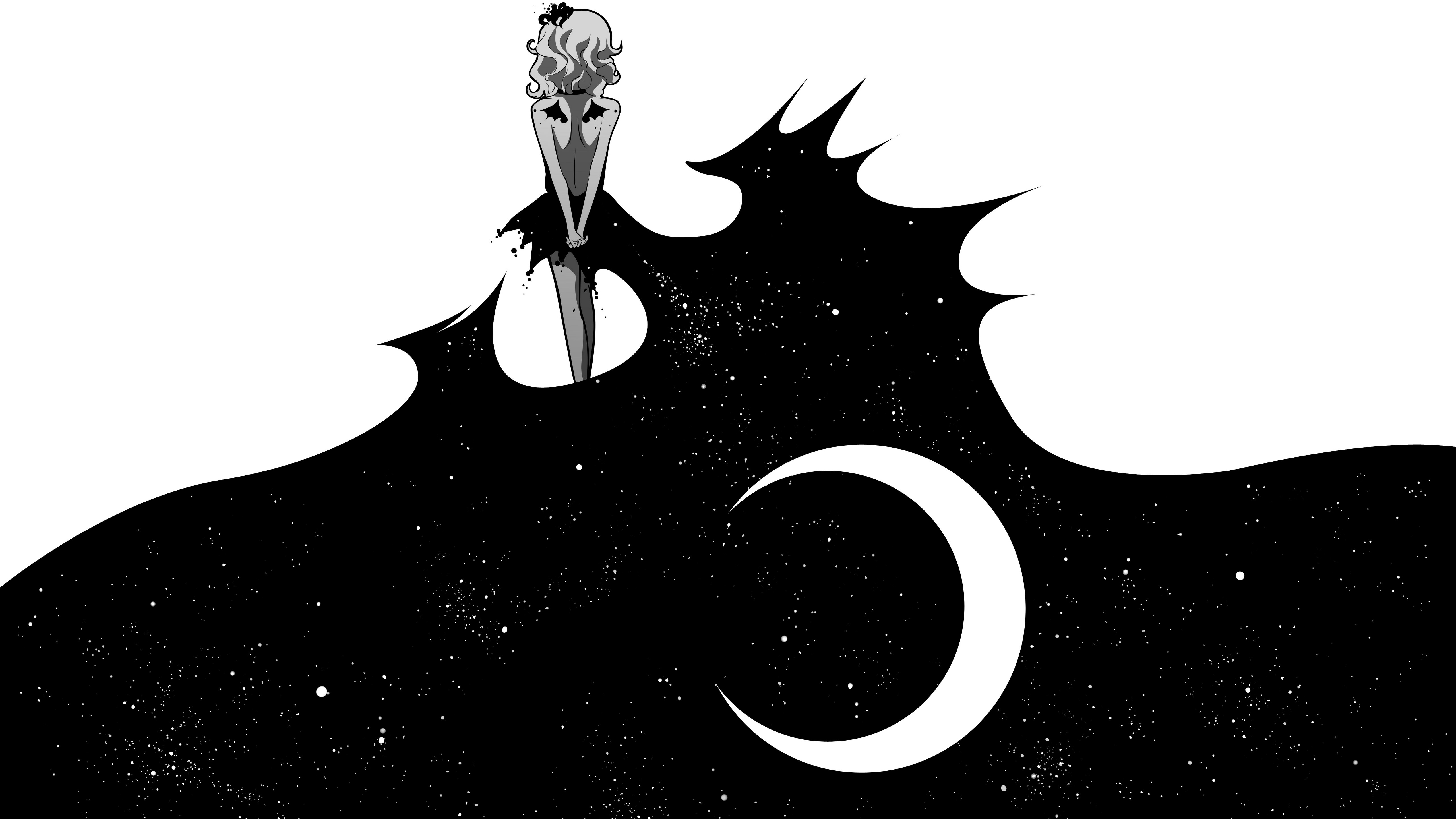 Monochrome girl with a starry dress and moon HD Wallpaper