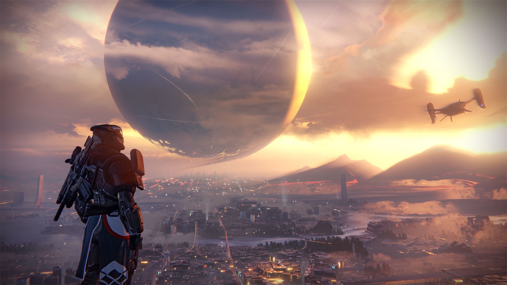 Destiny Guardian overlooking a futuristic city and a large celestial body HD Wallpaper