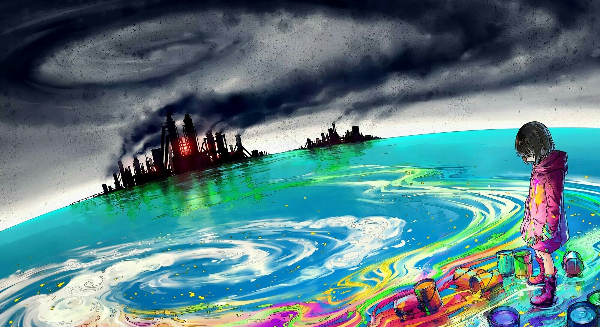 Anime girl painting a colorful world with pollution in the background HD Wallpaper