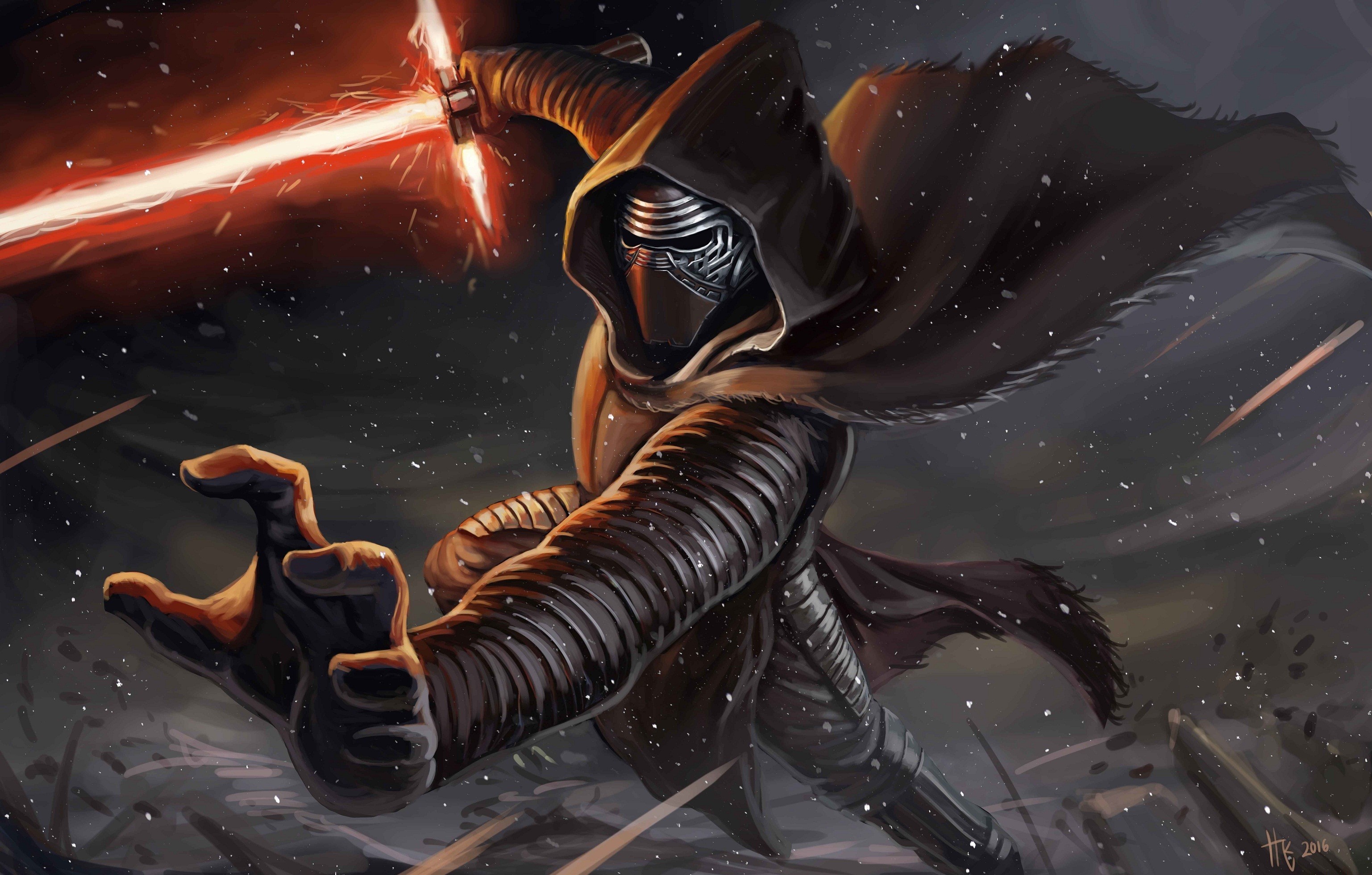 Artwork of Kylo Ren with a red lightsaber HD Wallpaper