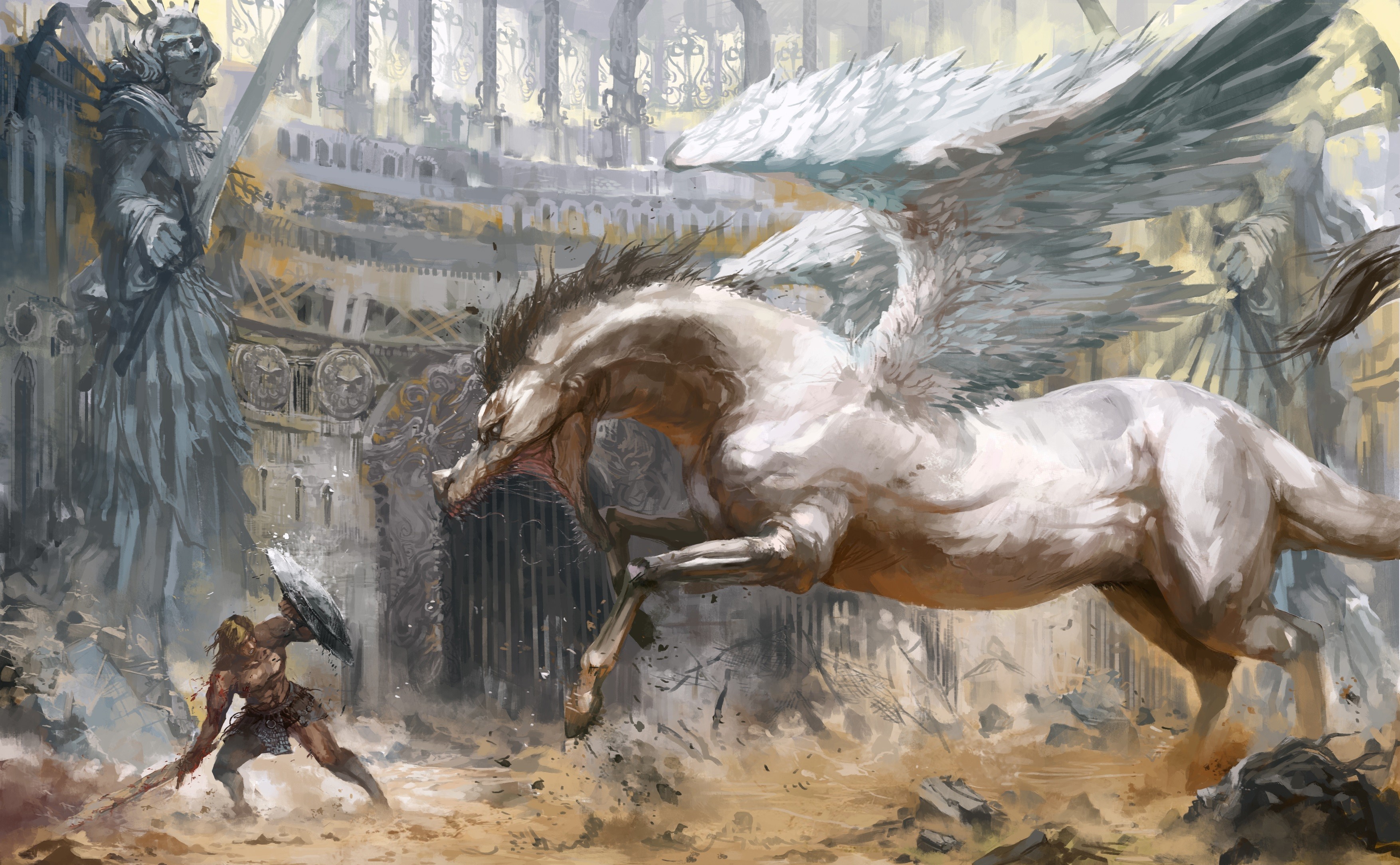 Pegasus and warrior in ancient ruins HD Wallpaper