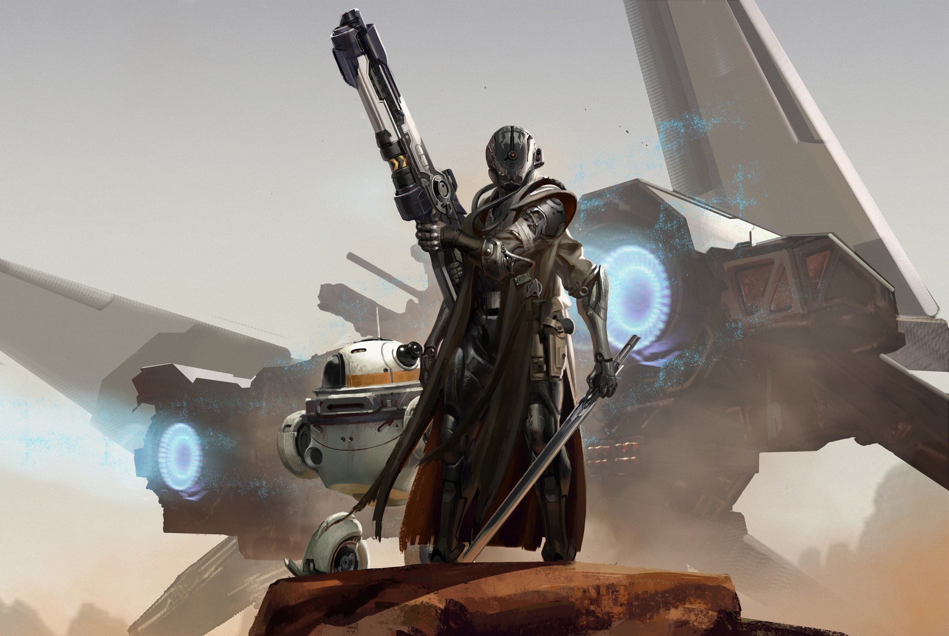 Futuristic soldier with rifle and sword near a spacecraft HD Wallpaper