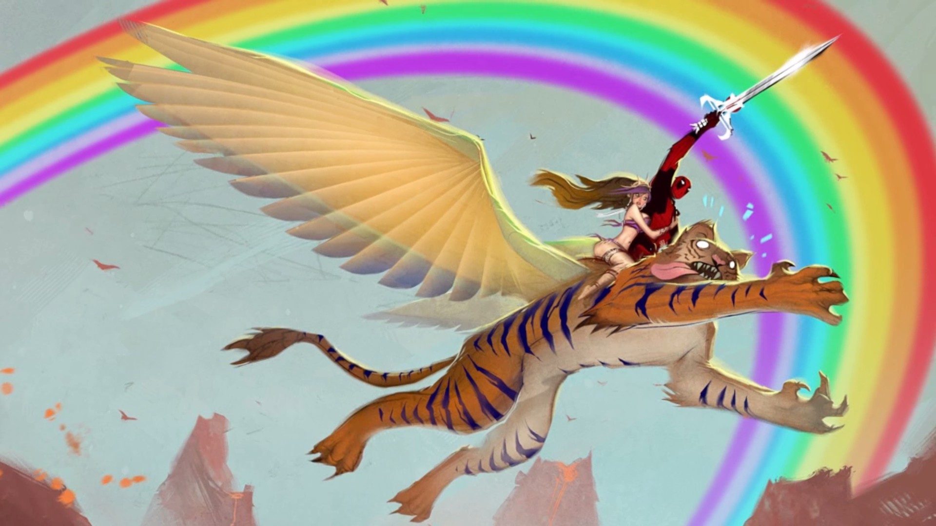 Deadpool riding a tiger with wings over a rainbow HD Wallpaper