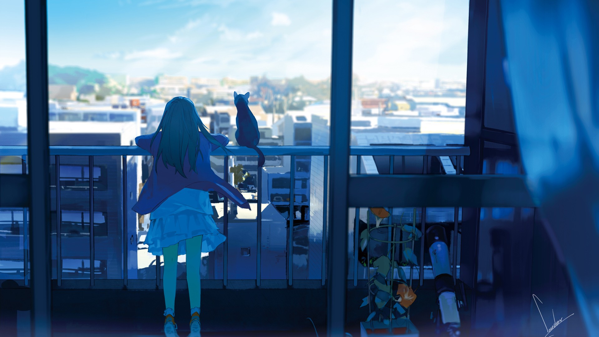 Anime girl and cat on a balcony overlooking a city HD Wallpaper