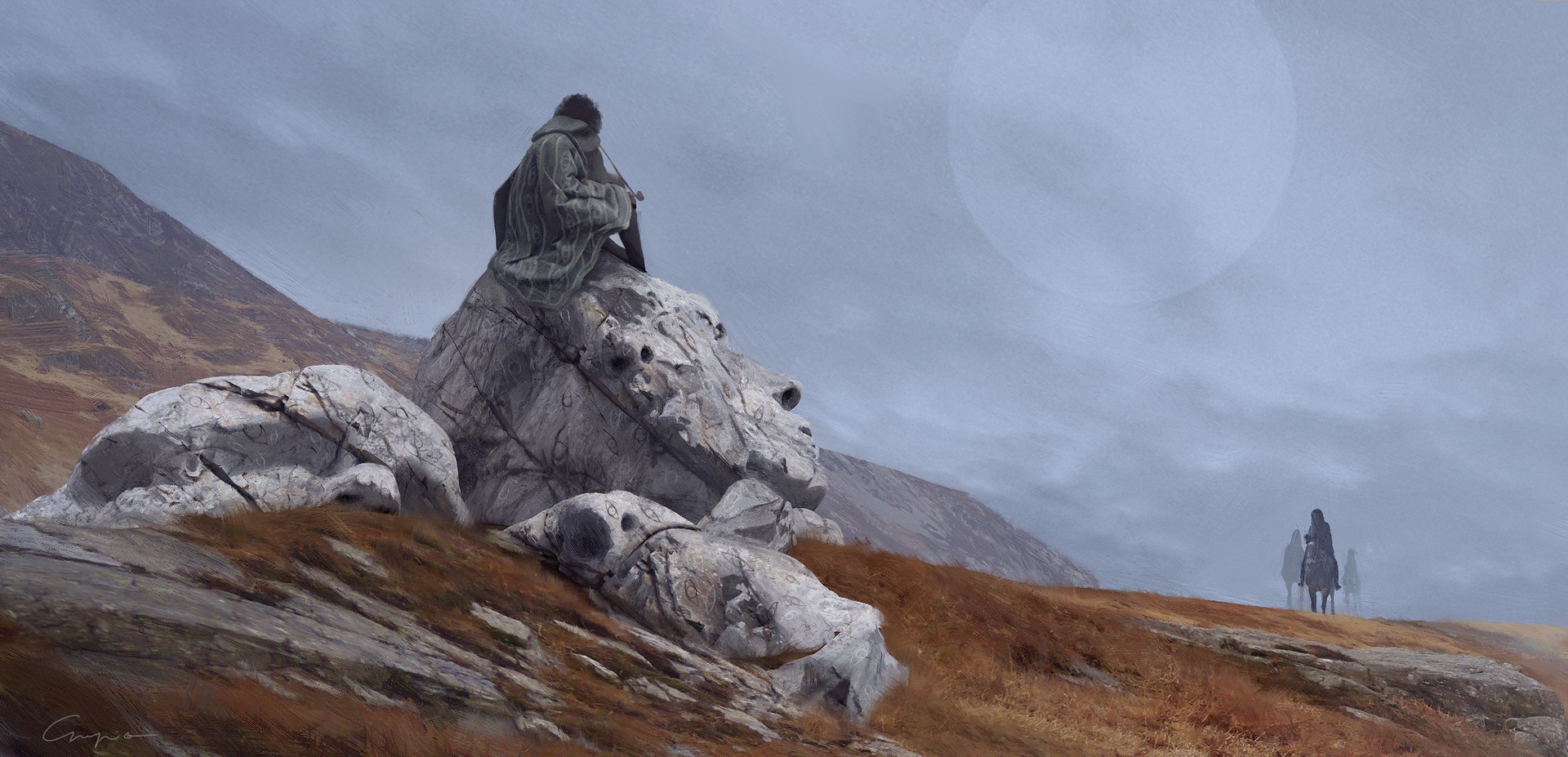 Fantasy art of a figure on a rock overlooking a landscape HD Wallpaper