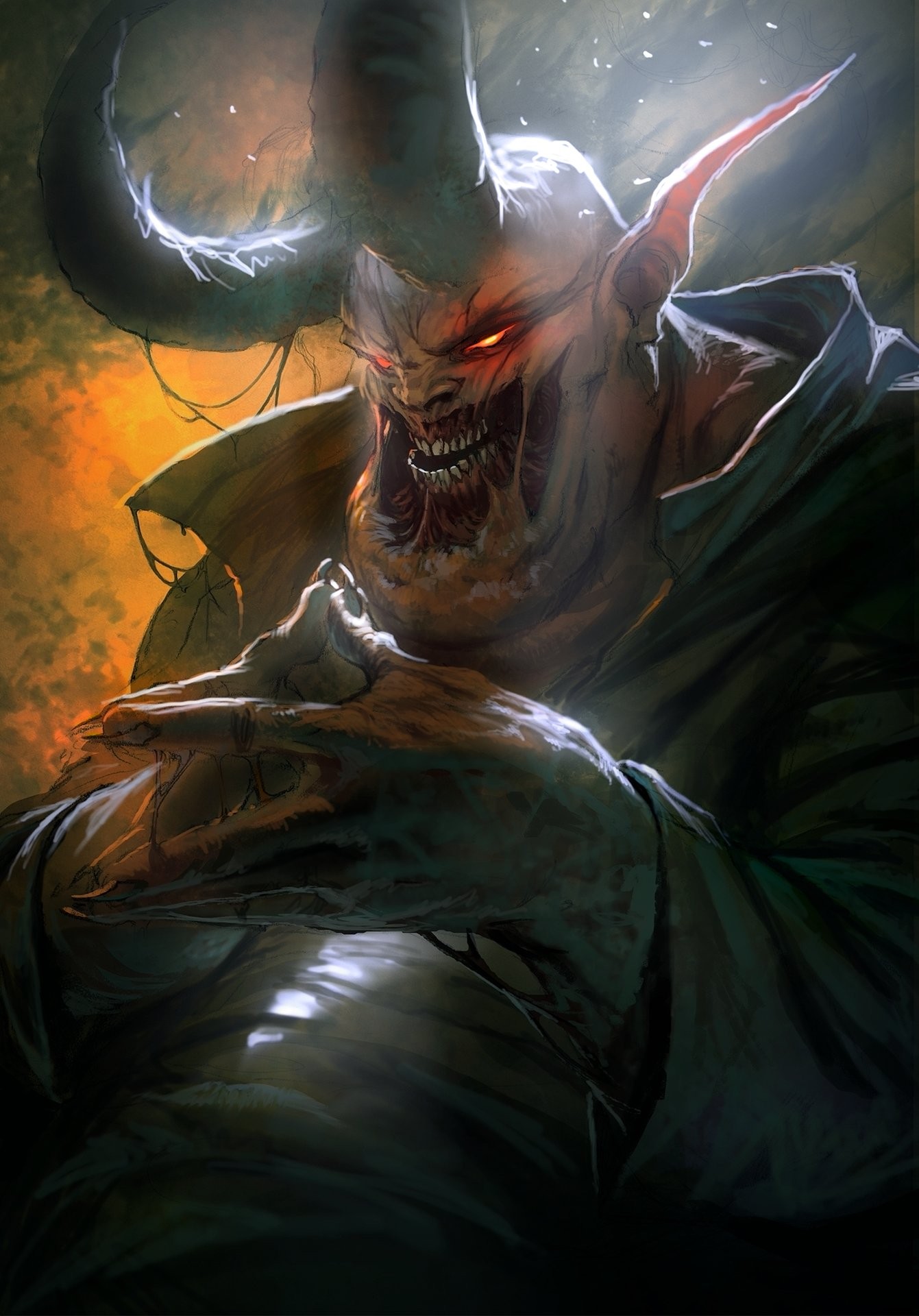 Demonic creature with horns and glowing eyes HD Wallpaper
