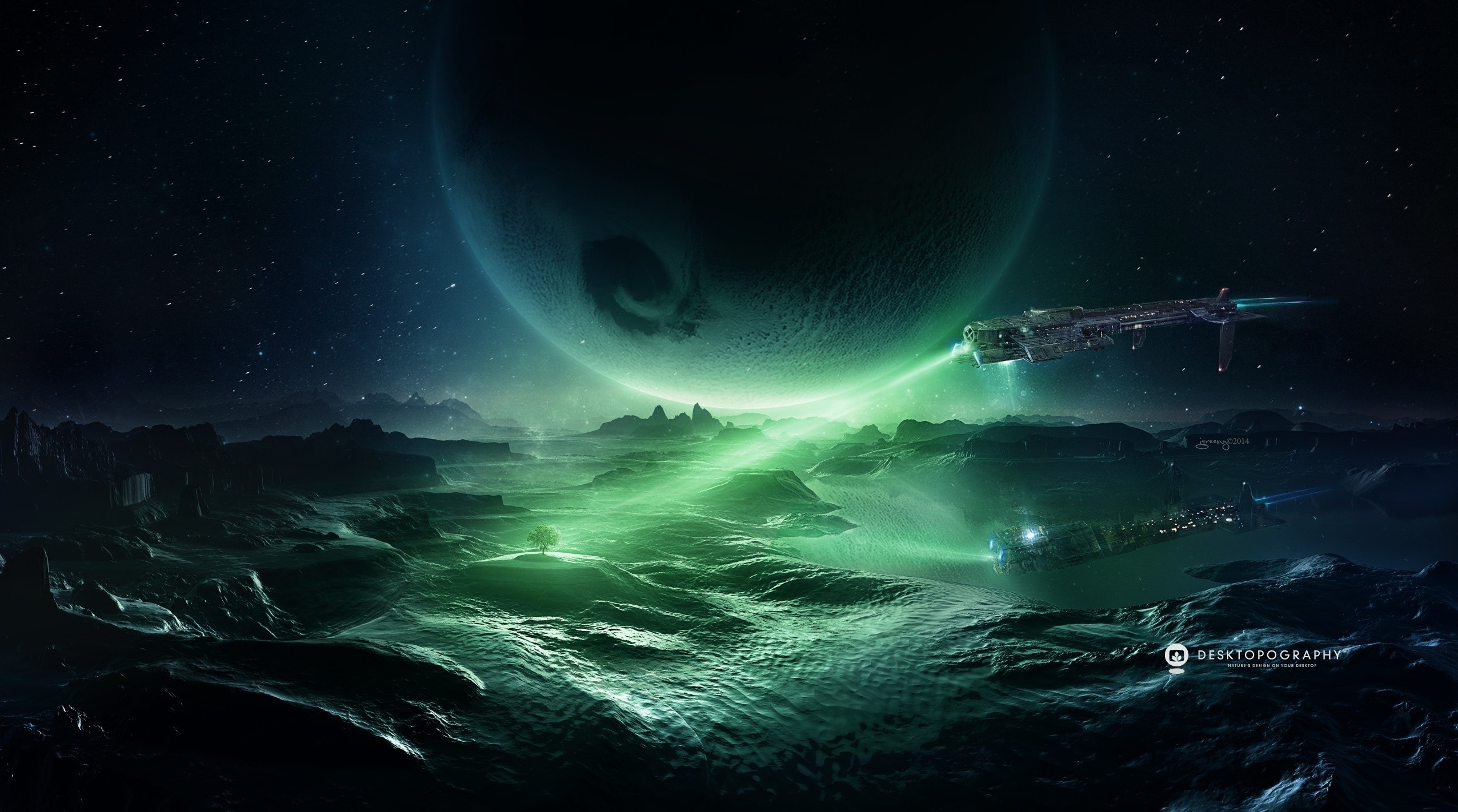 Spaceships in a green nebula with a large planet HD Wallpaper