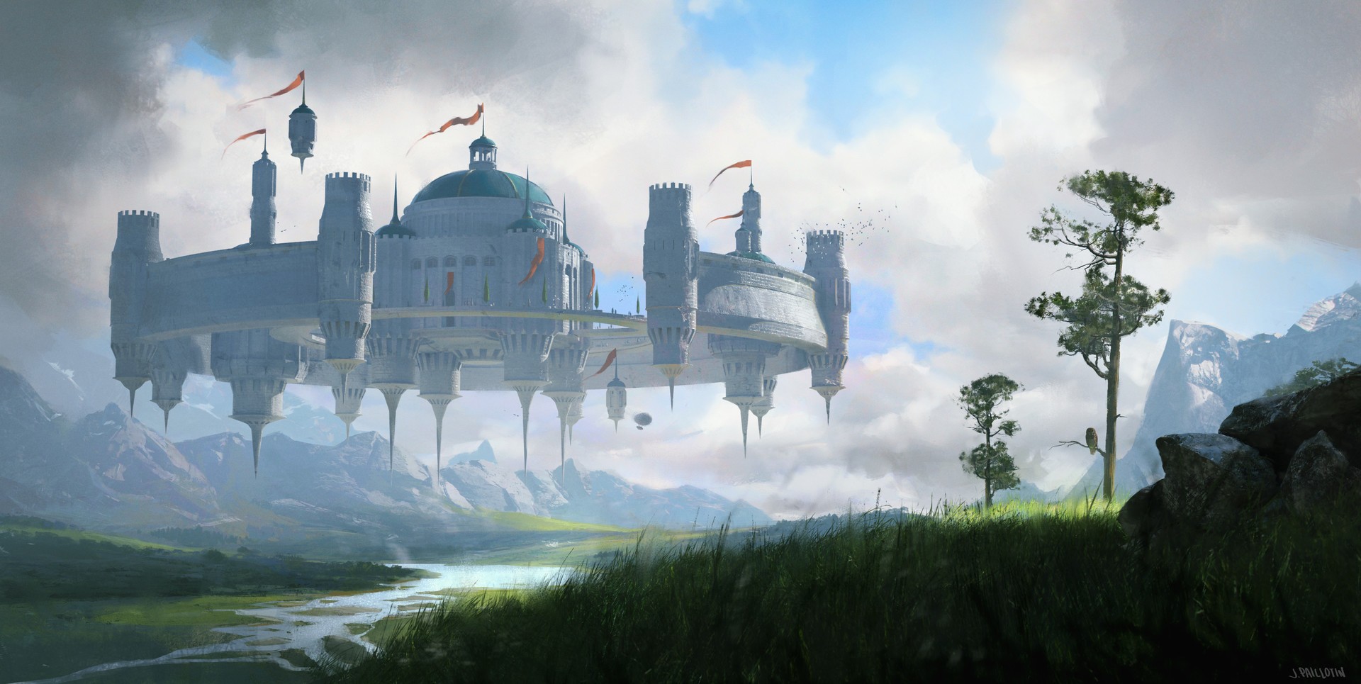 Fantasy floating castle above a valley HD Wallpaper