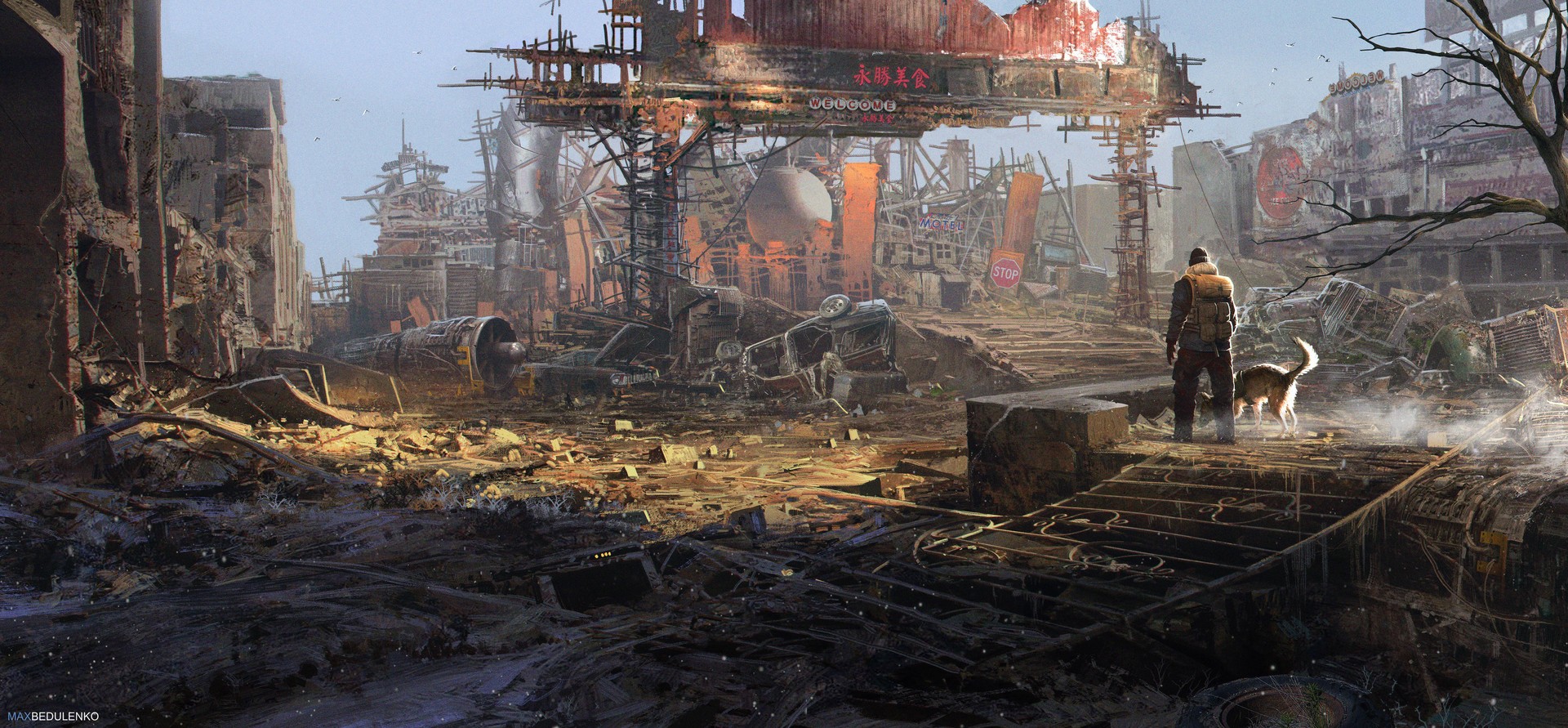 Man and dog in an apocalyptic ruined city HD Wallpaper