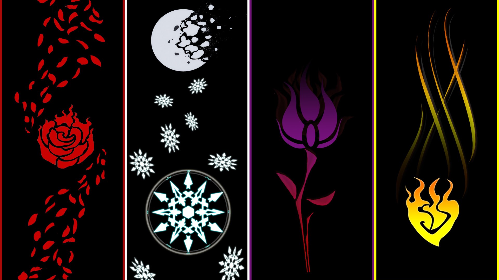 RWBY Symbols: Rose, Moon, Flower, Flames HD Wallpaper