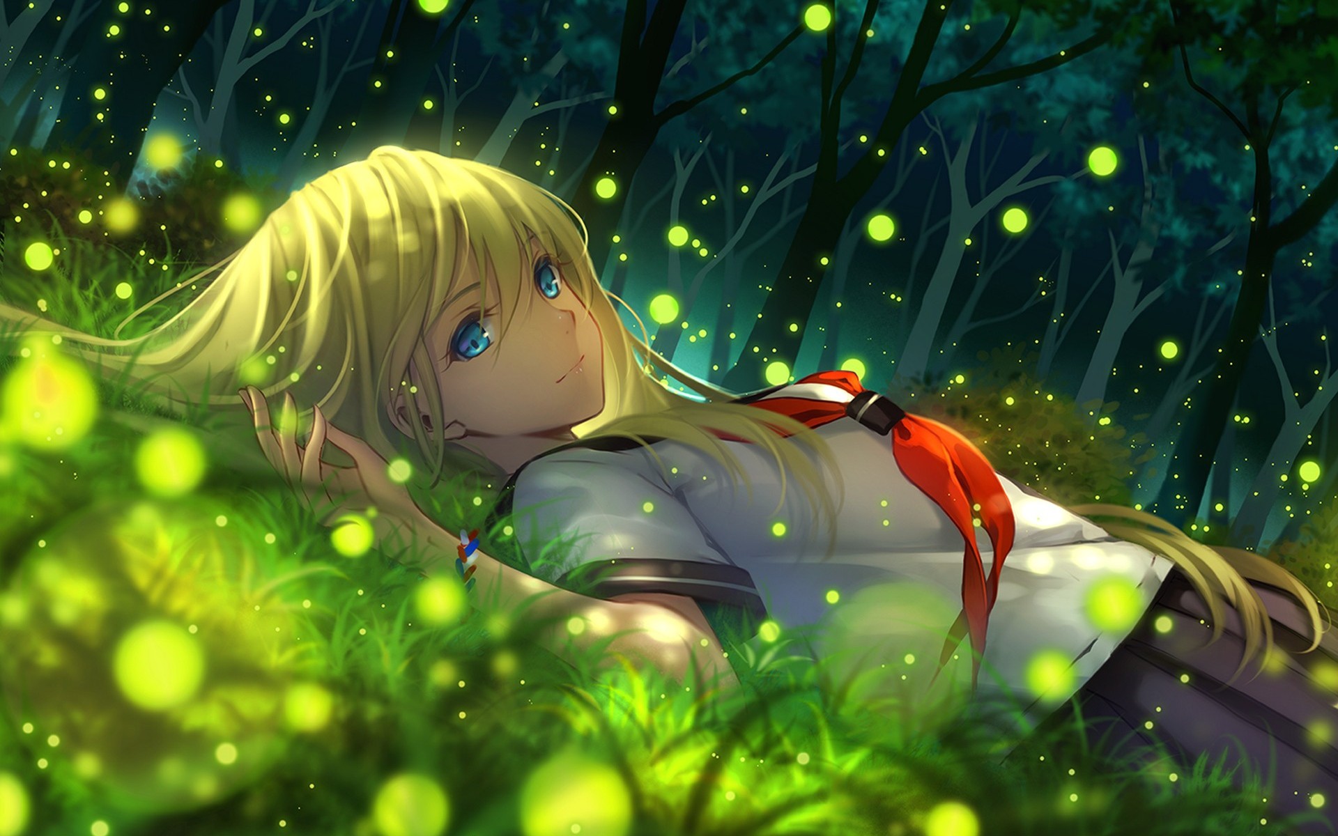 Anime girl with blonde hair lying in grass with fireflies HD Wallpaper