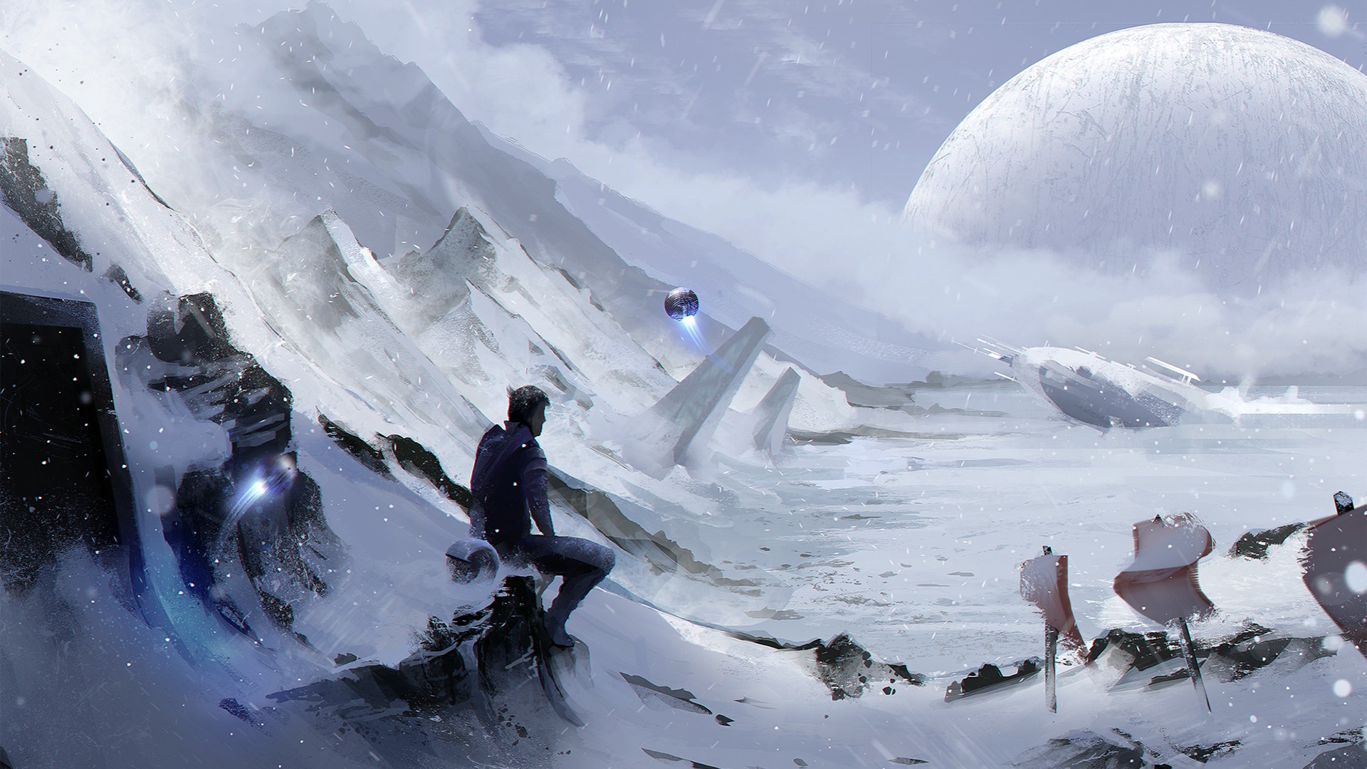 Artwork of a snowy landscape with a person and a spaceship HD Wallpaper