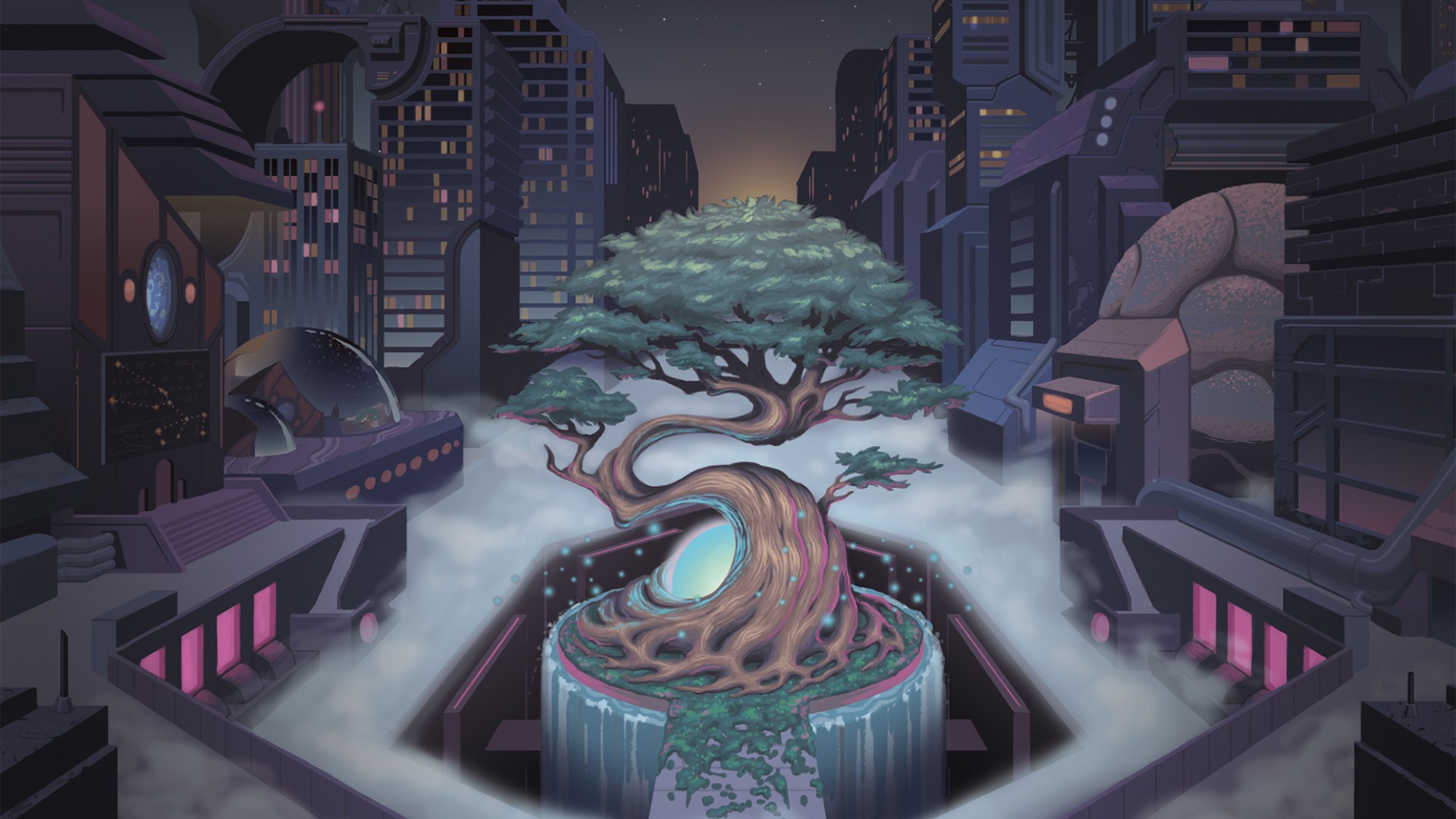 Monstercat artwork of a futuristic city with a central tree HD Wallpaper