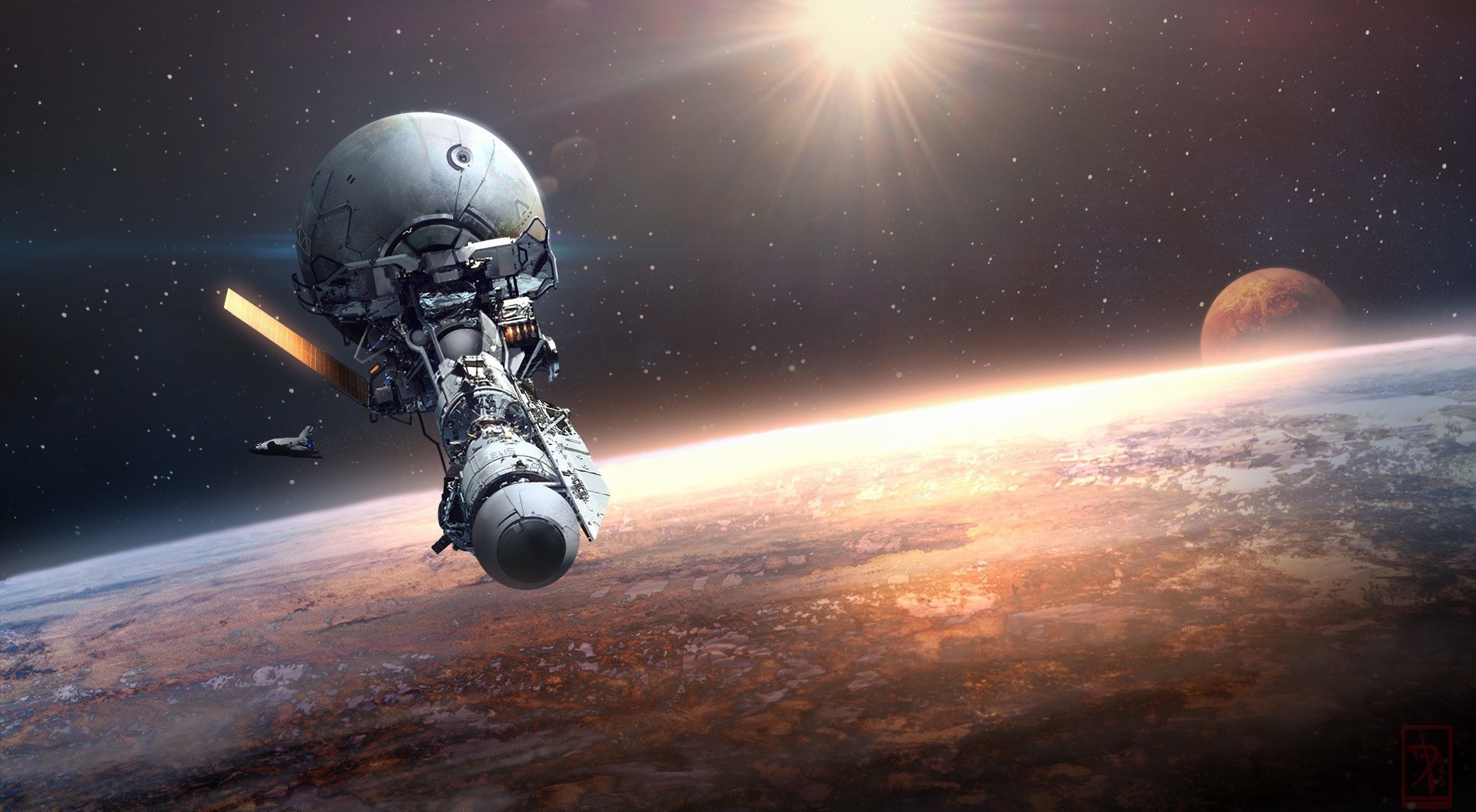 Spaceship orbiting a planet with a sun and moon HD Wallpaper
