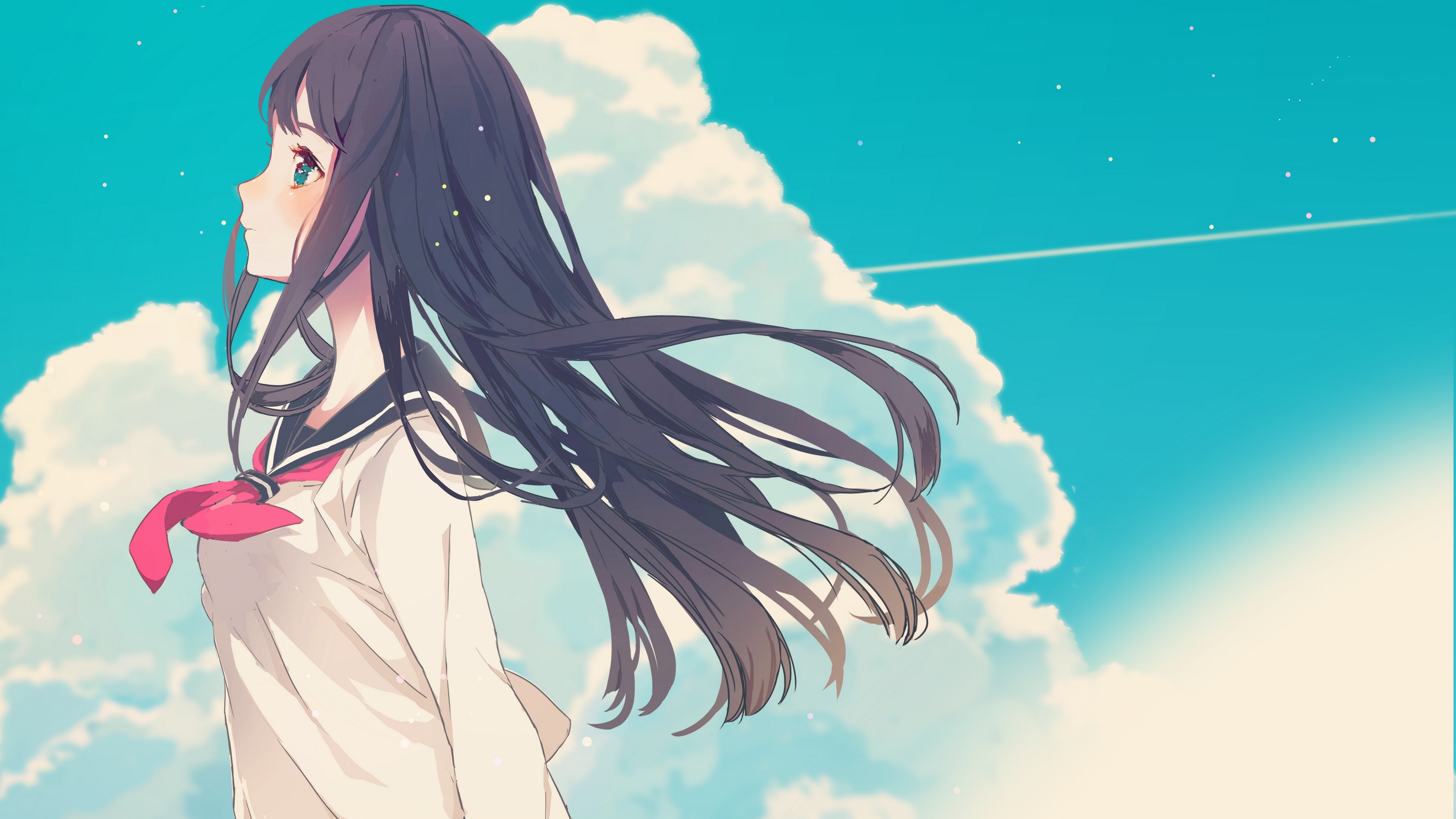 Anime girl with long hair in a school uniform against the sky HD Wallpaper
