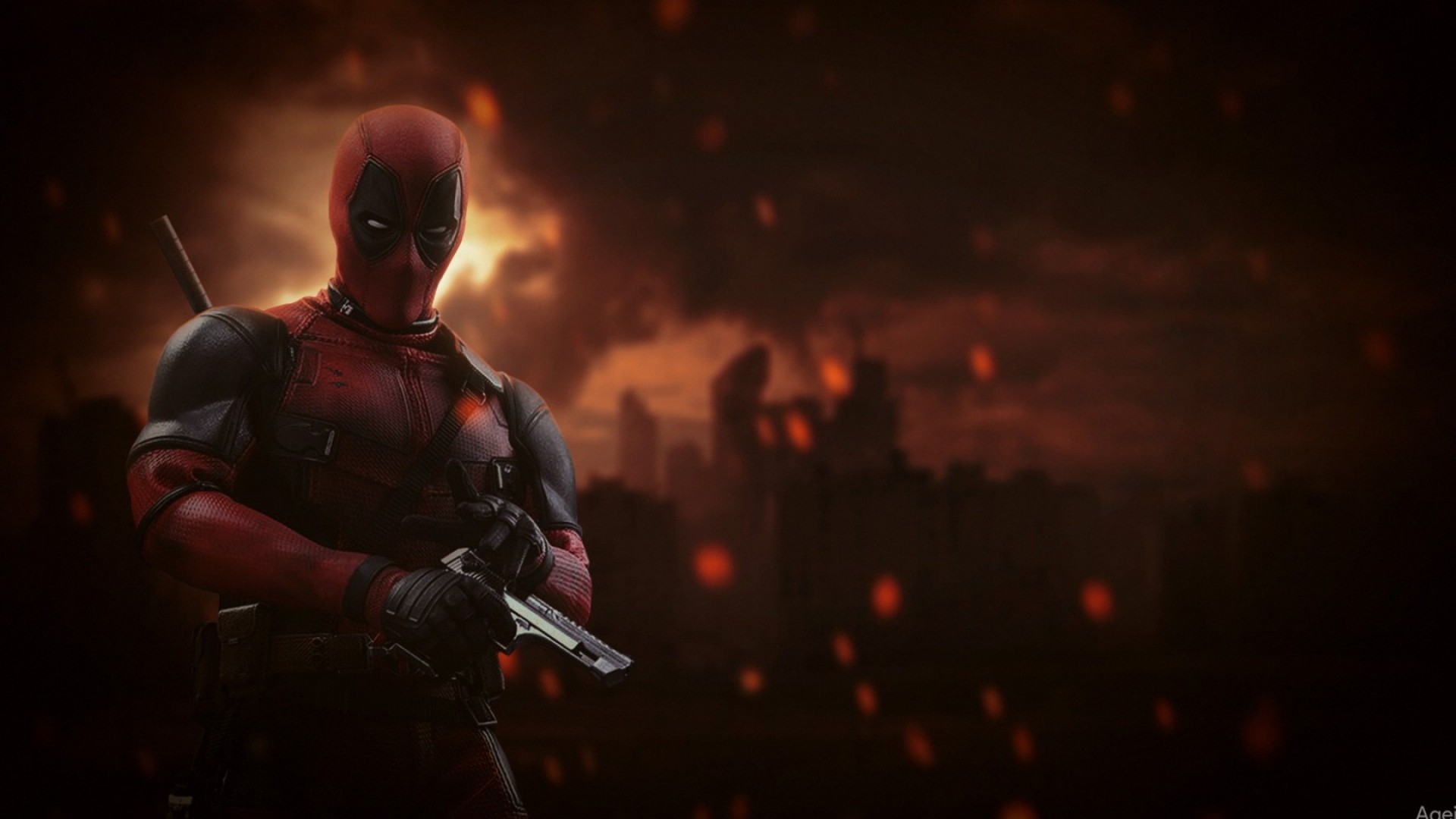 Deadpool holding a gun in a fiery city HD Wallpaper