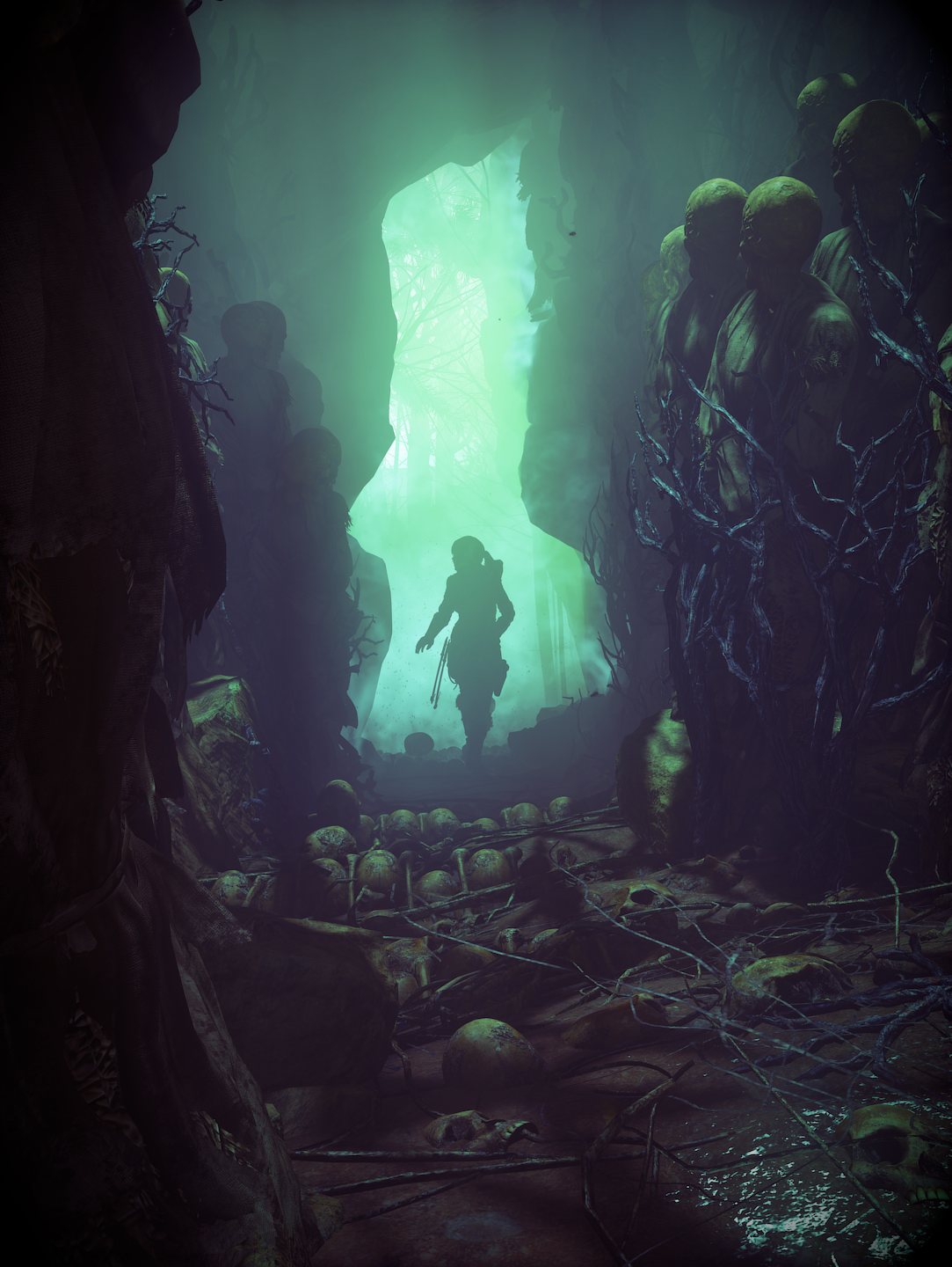 Lara Croft in a cave with skulls and statues HD Wallpaper