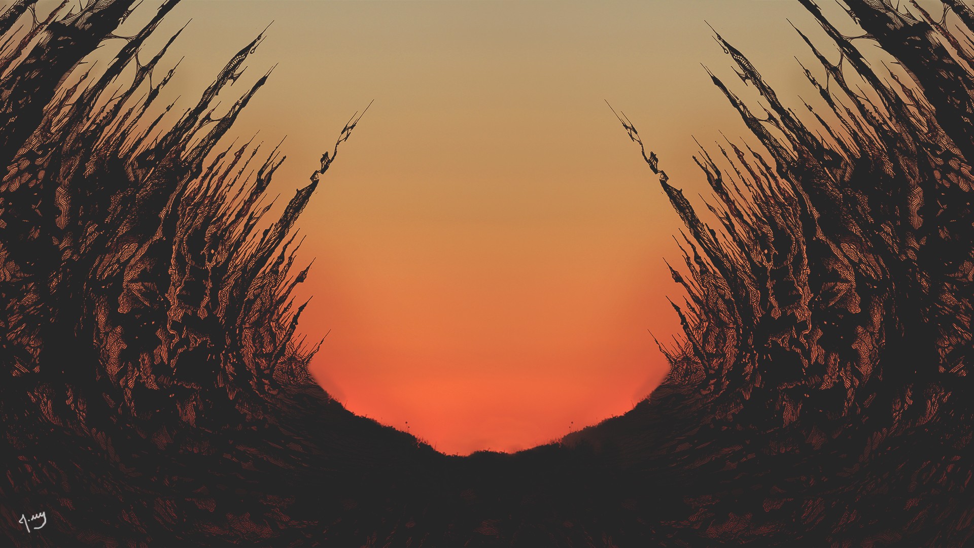 Abstract artwork with spiky formations and sunset sky HD Wallpaper