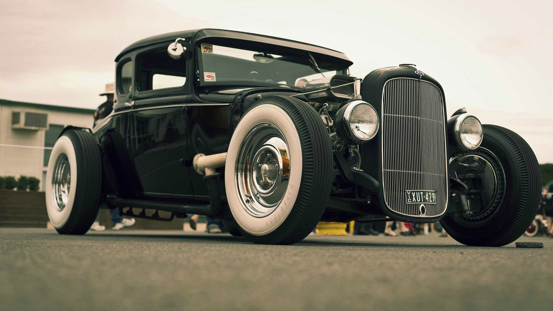 Black Ford Hot Rod Roadster with Whitewall Tires HD Wallpaper