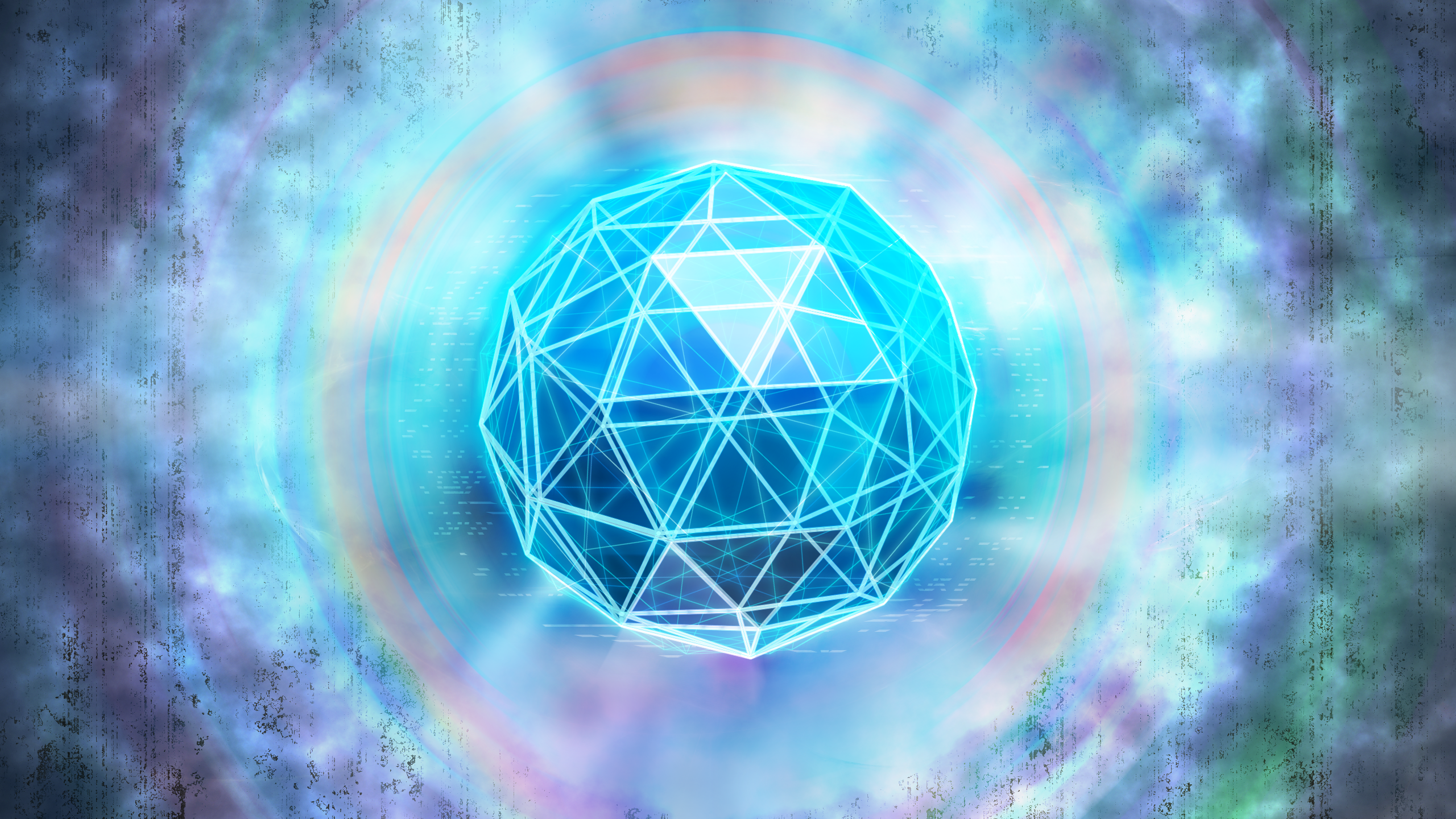 Abstract blue wireframe sphere with colorful nebula background HD Wallpaper