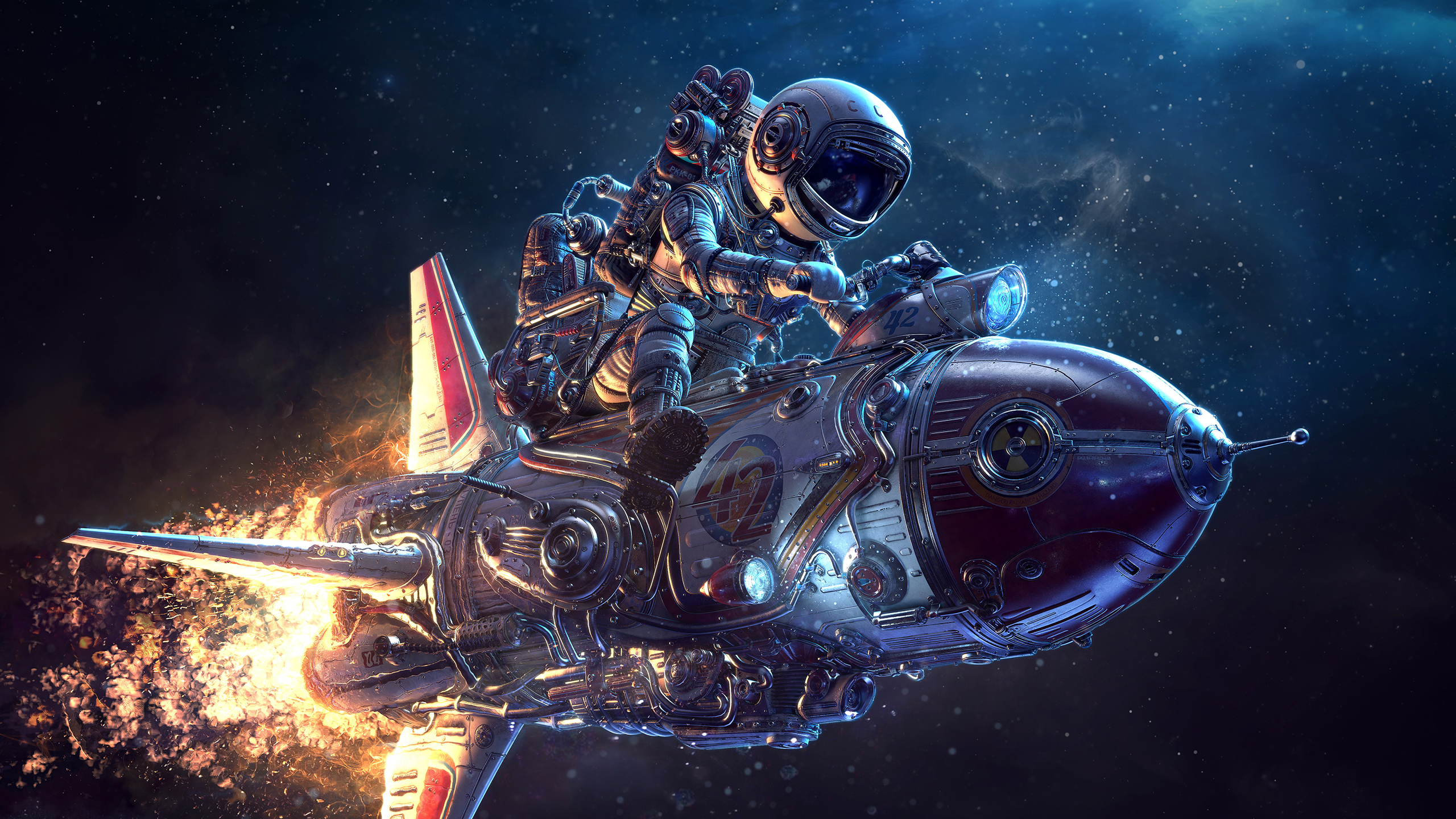 Astronaut riding a retro-futuristic spaceship through space HD Wallpaper