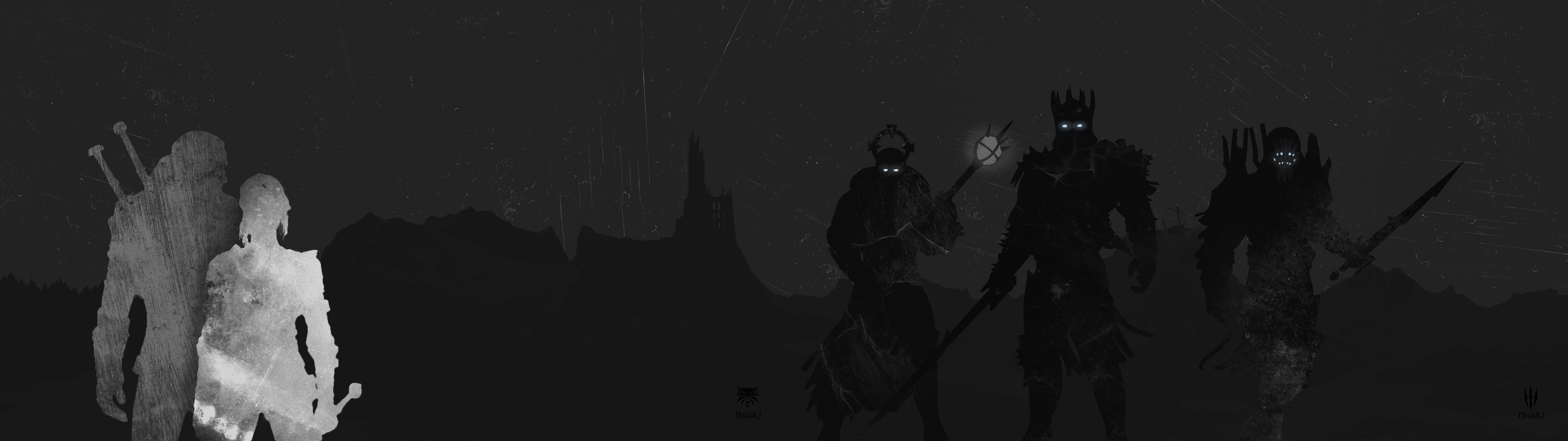 The Witcher 3: Wild Hunt characters in a dark landscape HD Wallpaper