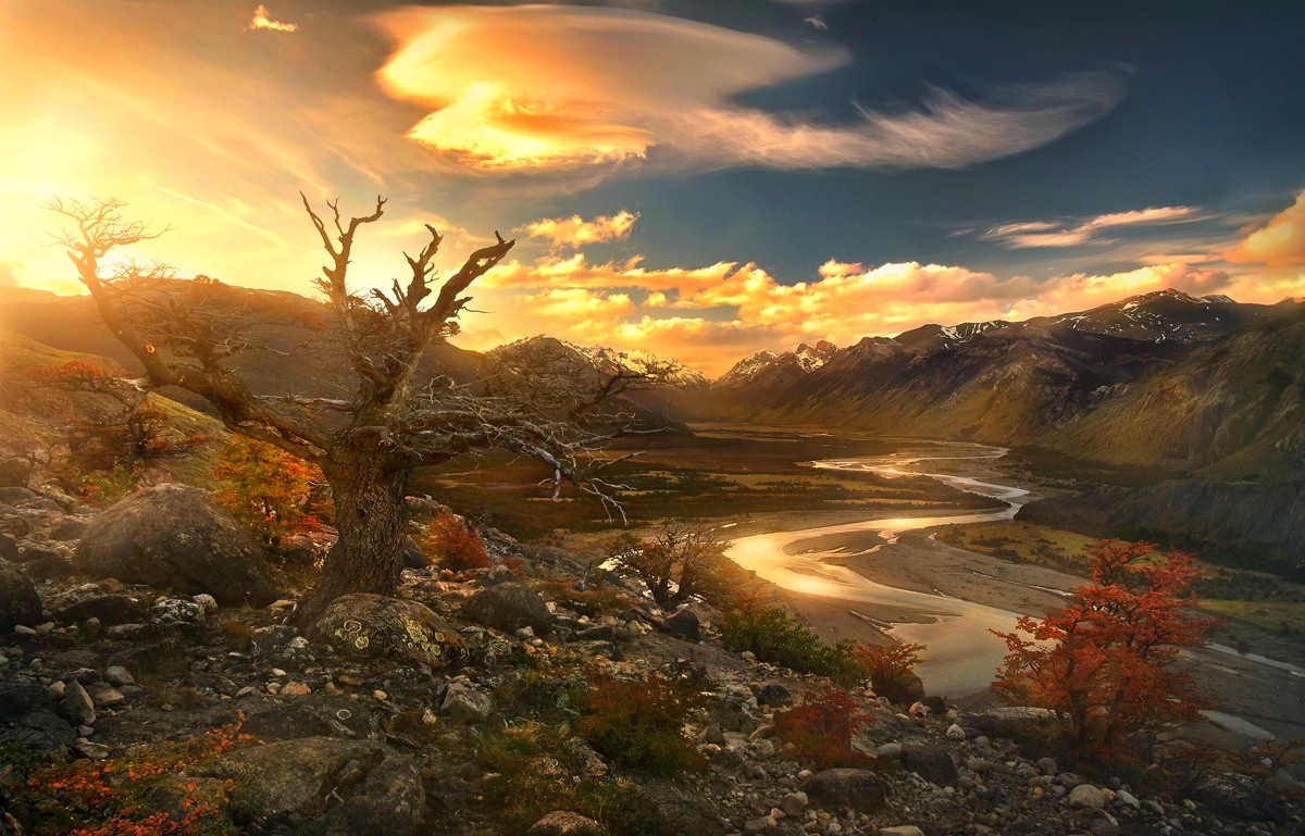 Patagonia landscape with river and mountains at sunset HD Wallpaper